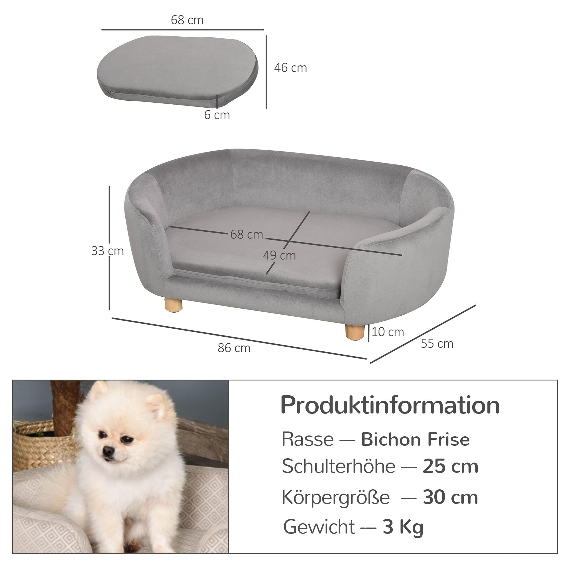 Pawhut Canapé pour chien - Lit pour chien avec velours hollandais - Mousse - Pieds en bouleau - 86 x 55 x 33 cm - Vert clair