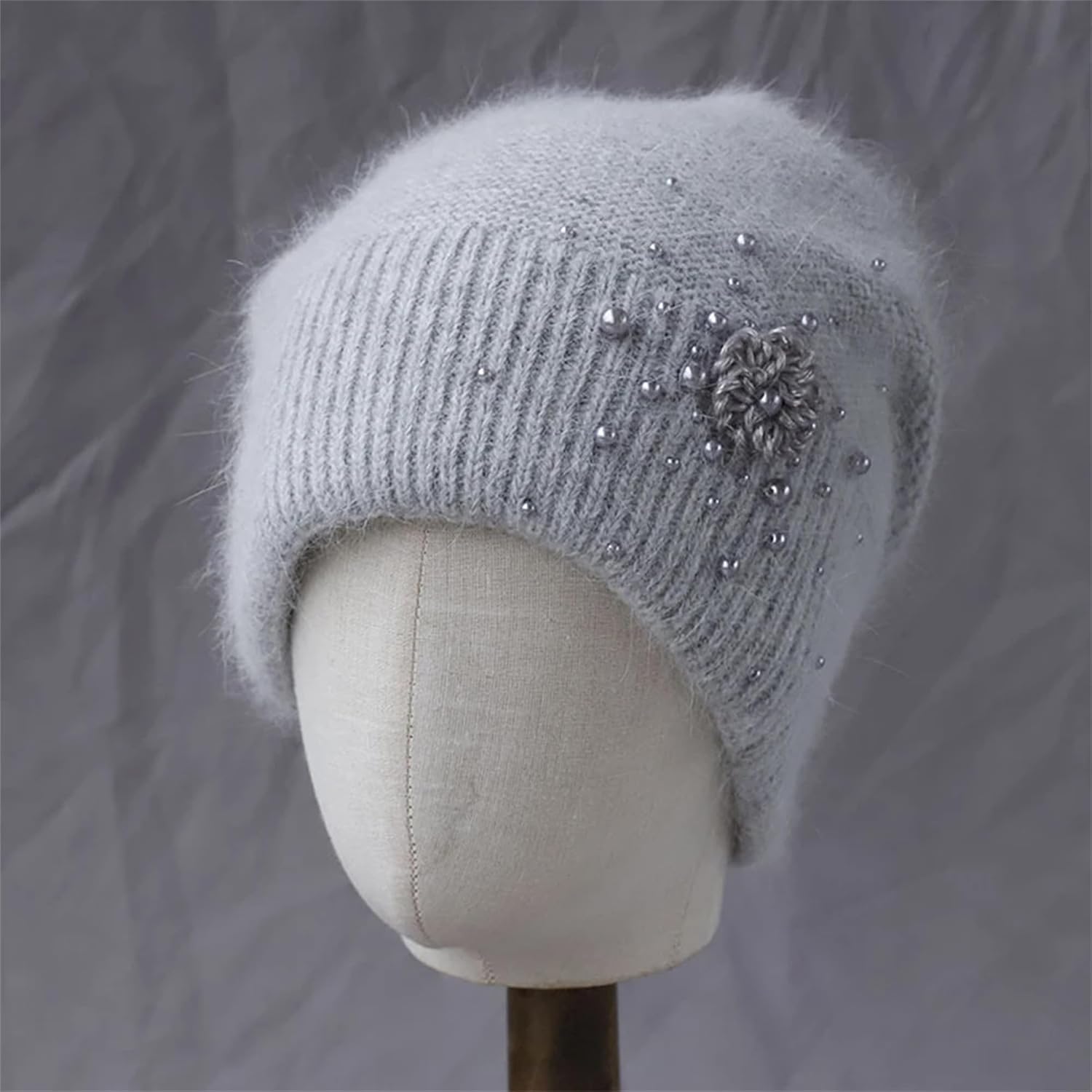 Women's Classic Pearls Knit Beanie Hat with Flowers Winter Thicken Warm Cold Weather Hat Classic Solid Color Skullies