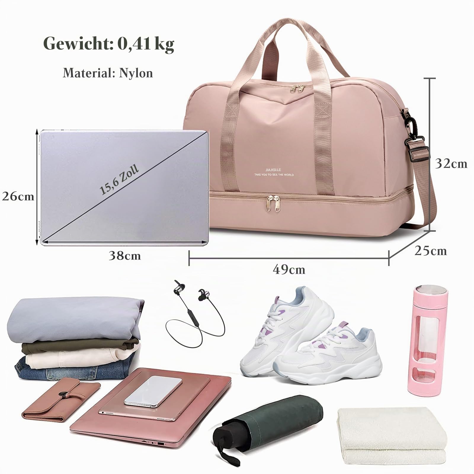 CORIOS Nylon Sporttasche für Herren/Damen Reisetaschen Duffle Bag Weekender Übernachtung Tasche Fitnesstasche Schwimmtasche Trainingstasche Kabinenreisetasche für Reisen Sport Fitnessstudio Hellrosa