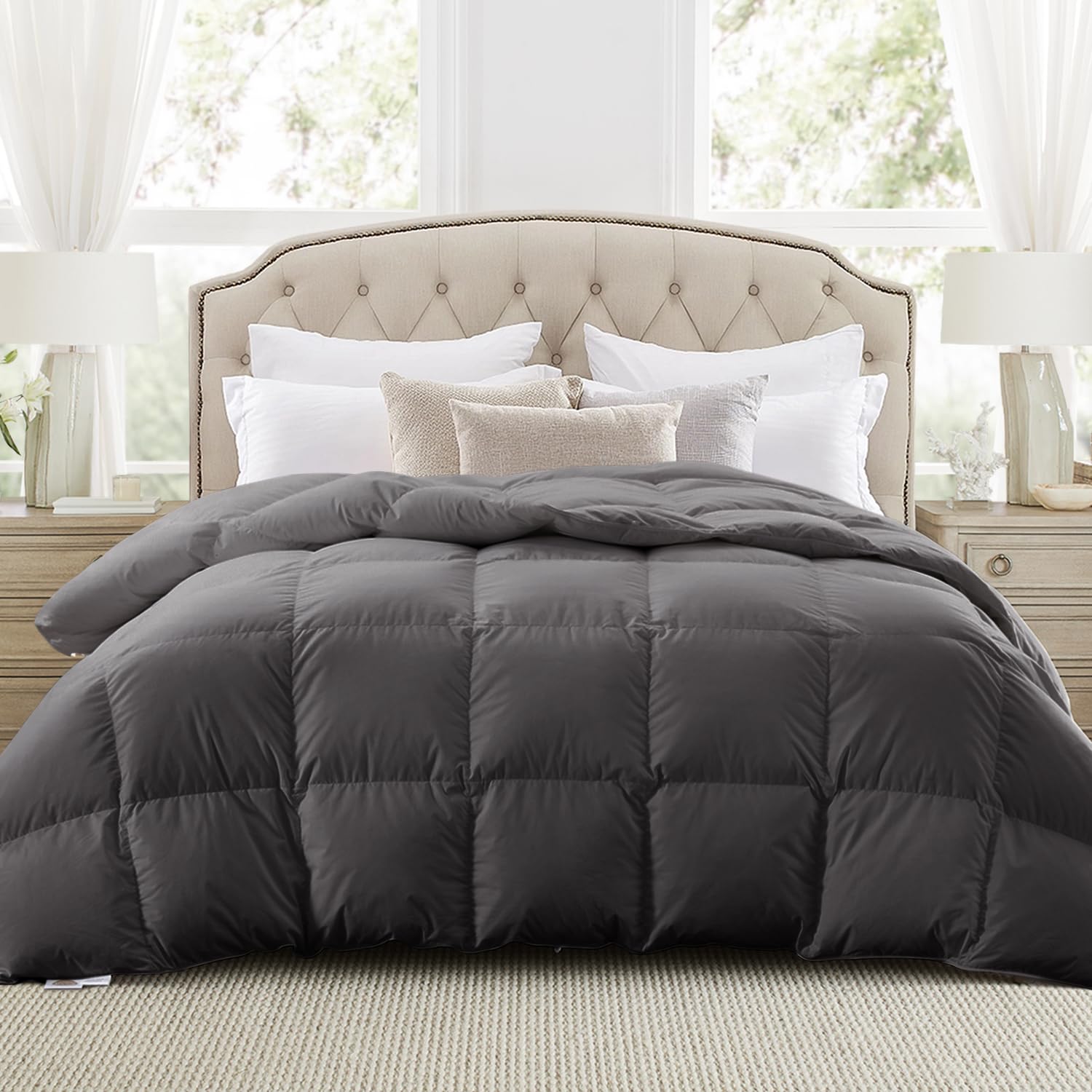 Globon King Size Down Comforter,All Season Hotel Luxury Down Duvet Insert with 100% Cotton Shell & 8 Corner Tabs, 106x90 Inches, Dark Grey