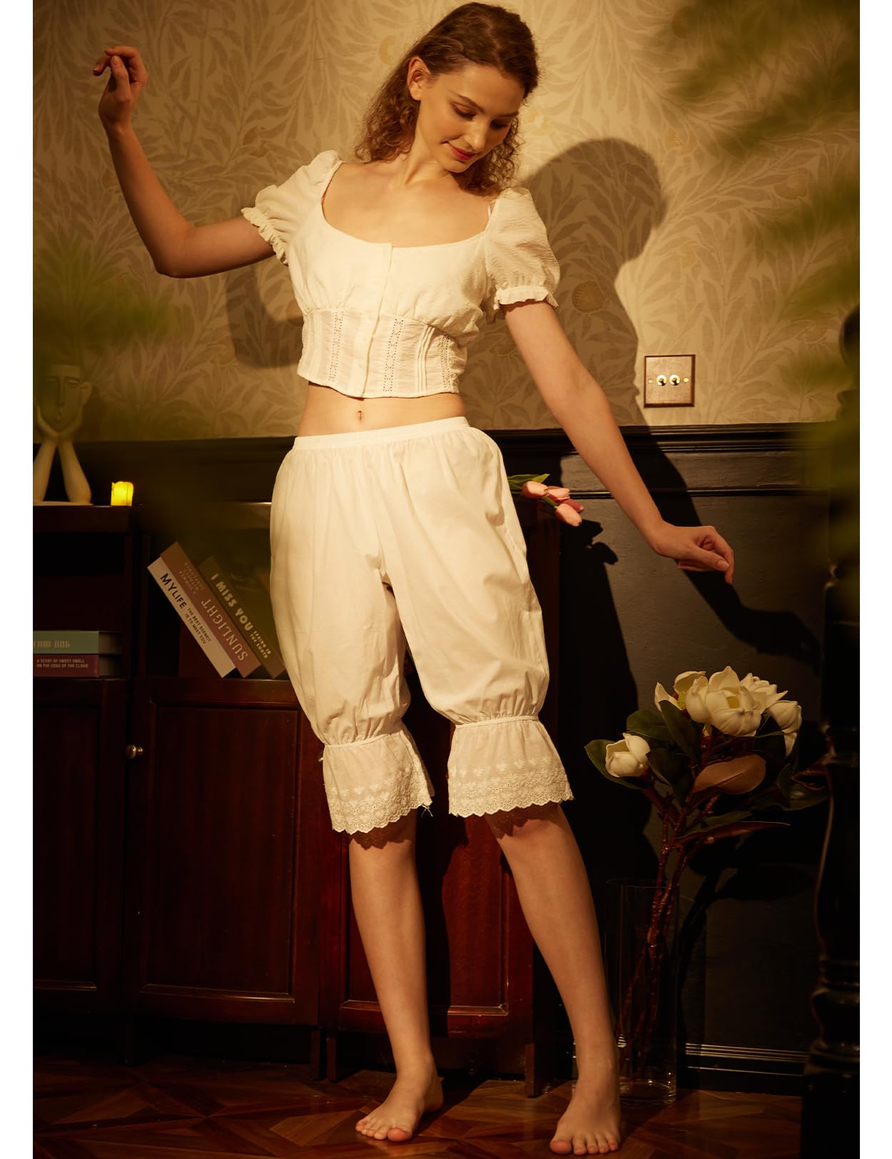 BEAUTELICATE Pantaloni Vittoriano Cotone Donne Mutande Sottoveste Bloomers Pizzo Vintage Gotico Culotte Lunga Avorio