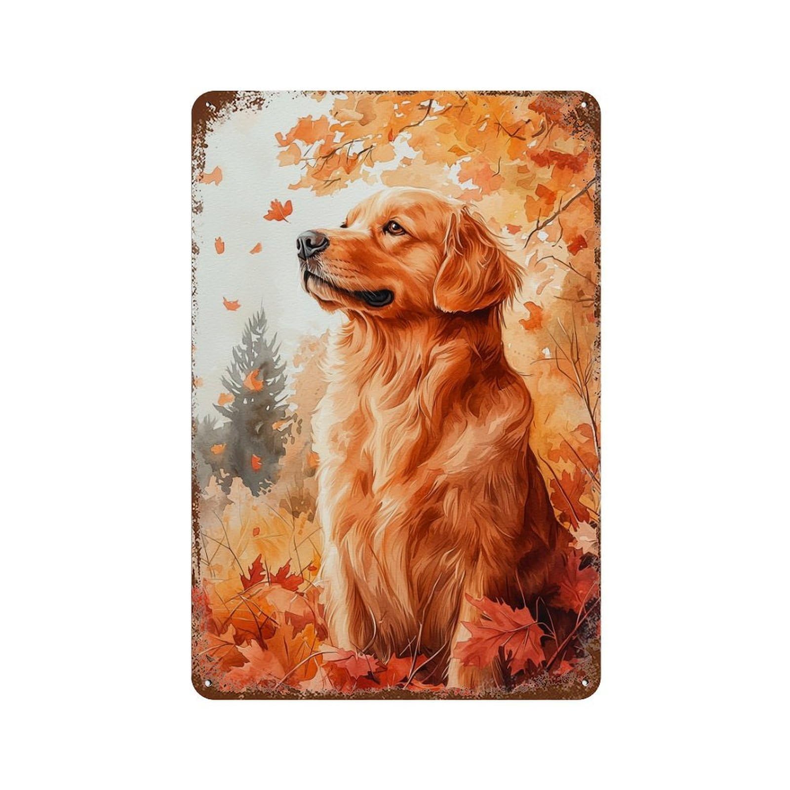 Golden Retriever Autumn Scene Weathered Tin Sign 11.8"x7.9", Industrial Home Decor for Basement, Hobby Room And Garage Decor