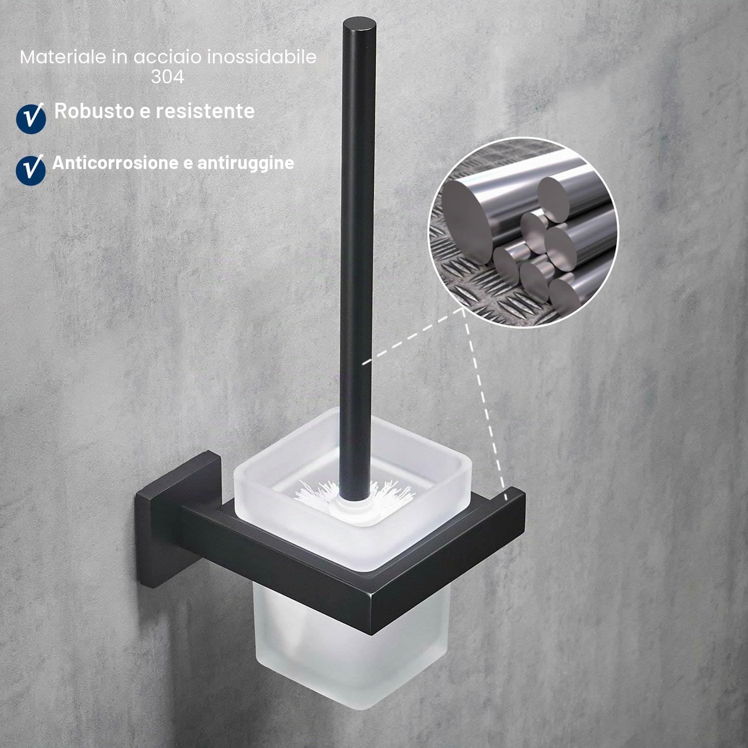 Scopino WC e supporto da parete con supporto, nero, acciaio inossidabile 304 e vetro opaco per bagno