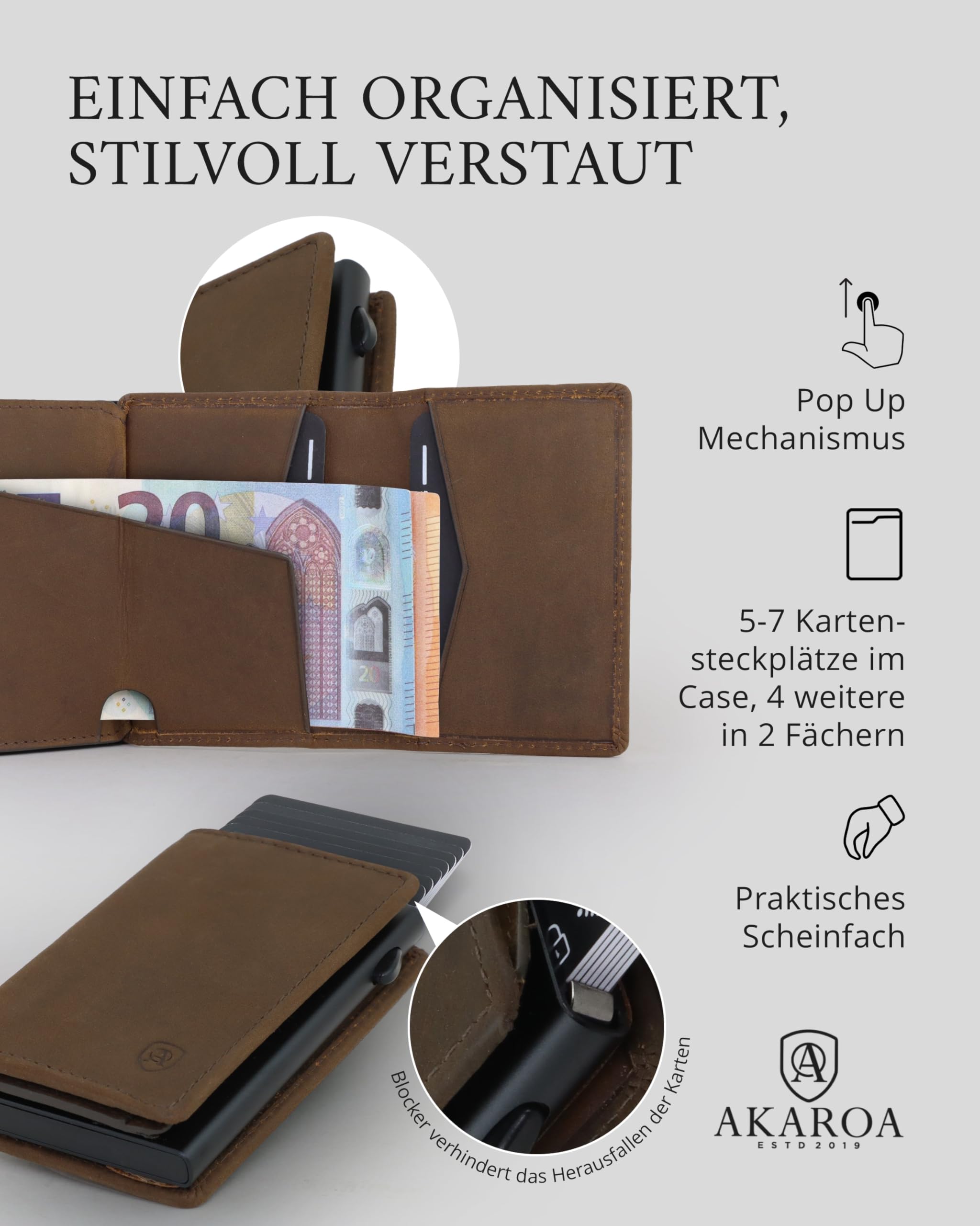 AKAROA – Kartenetui Slim Wallet Herren Rindsleder Pelle – Pop-up Card Holder Geldbeutel mit RFID Schutz und Kartenauswurf 7x10cm - Extra Kartenfächer, Scheinfach & Magnetverschluss – Vintage Braun