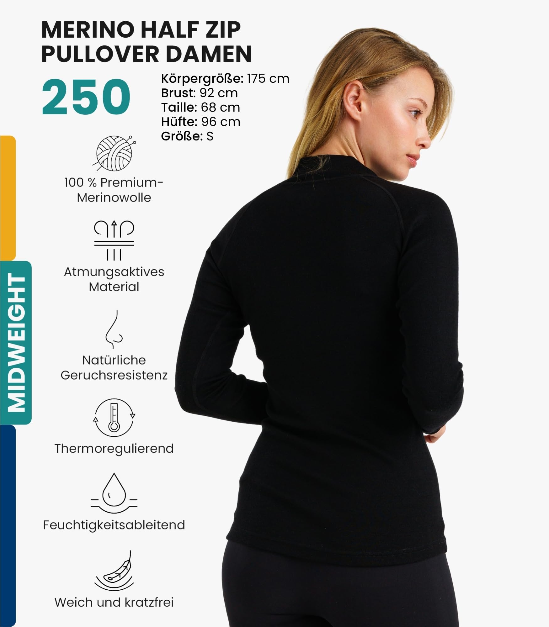 Merino.tech 100% Merino Half Zip Pullover Damen, Merino Unterwäsche Damen Langarm Shirt fürs Wandern, Training, Fitness