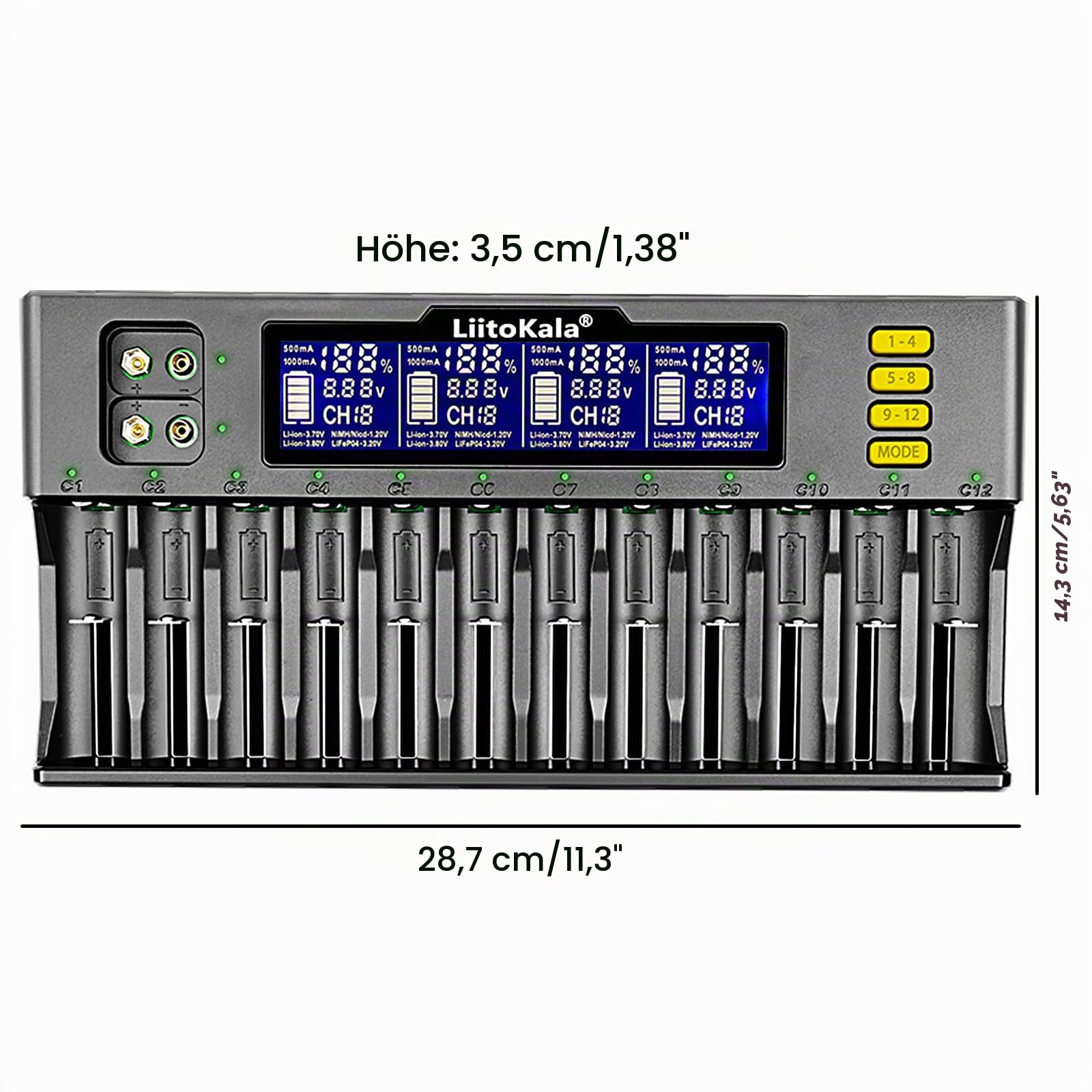 LiitoKala Lii-S12 18650 12-Slot LCD-Display Schnellladegerät, intelligentes Universalladegerät für Li-Ionen (IMR/ICR) LiFePO4 NI-MH/Cd 18650 21700 26650 18350 14500 RCR123 9V Batterien AA AAA C