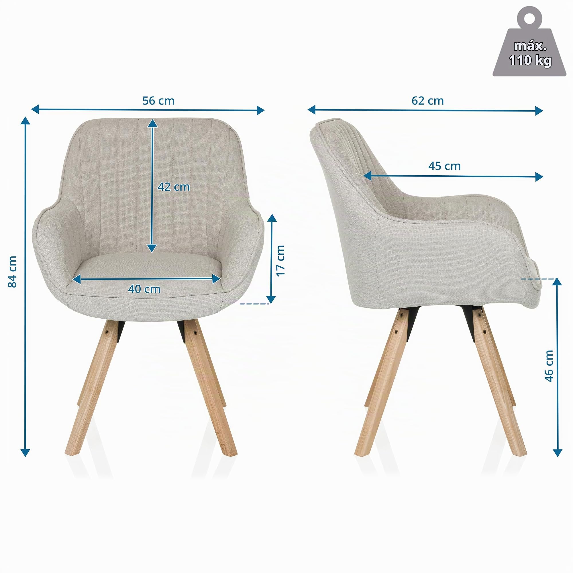 Silla de Comedor giratoria Scandi Soft Silla tapizada con reposabrazos y Patas de Haya, cómodamente Acolchada, tapizado de Tela Crema