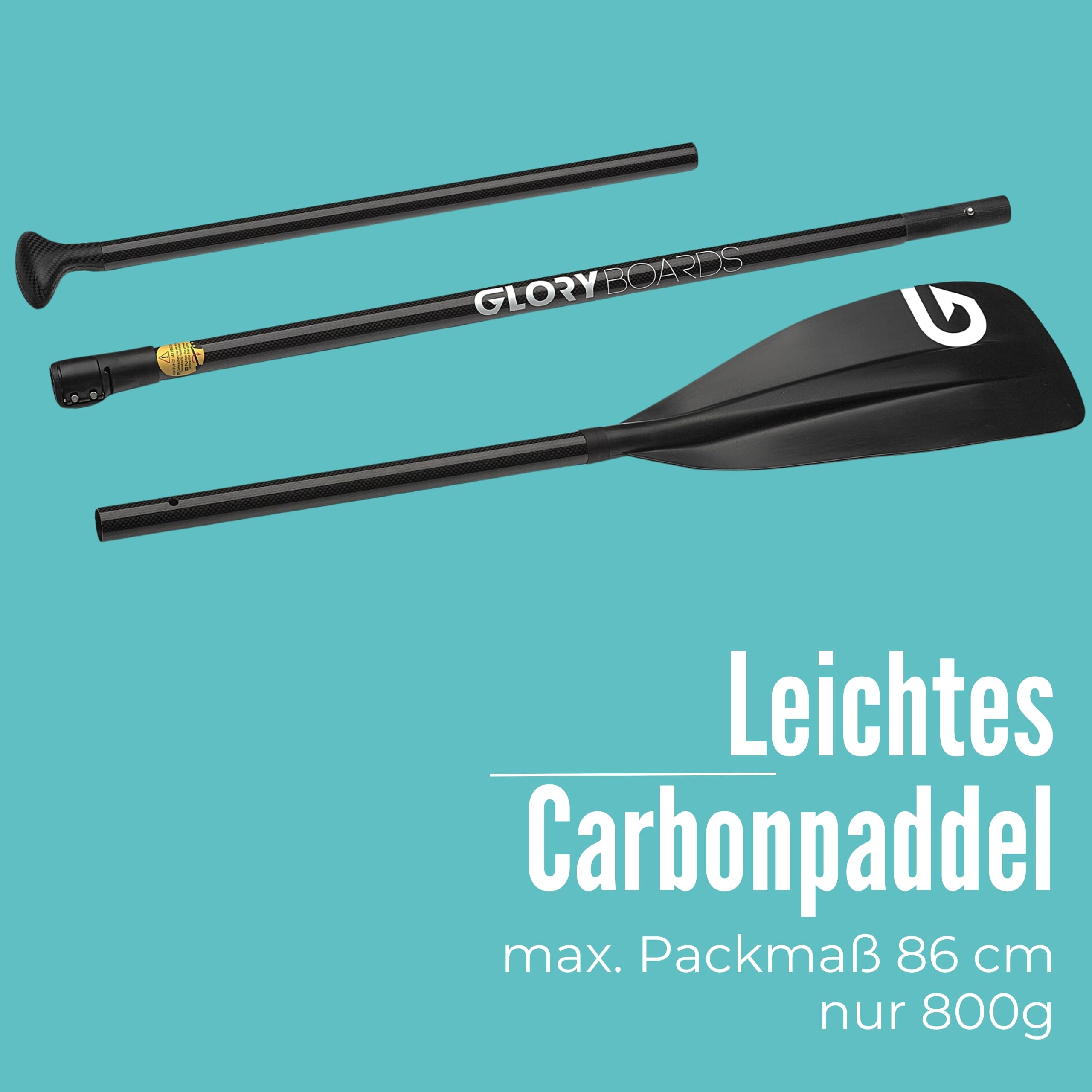 Glory Boards® Carbon Paddel für SUP– nur 800g - Leichter Carbonschaft – Robustes Nylonblatt -3 Teiliges Paddel – ideal für Stand up Paddler– Länge flexibel einstellbar