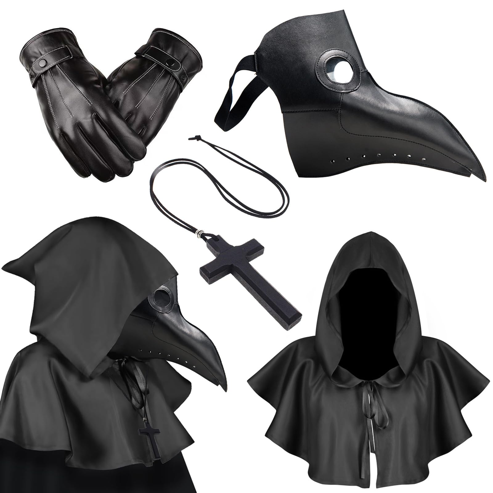 Medico Della Peste Costume Maschera Medico Della Peste Halloween Cosplay Uomo Steampunk Maschera Dottore Della Peste Crocifisso Collana Legno Pelle Guanti Mantello con Cappuccio per Carnevale Festa