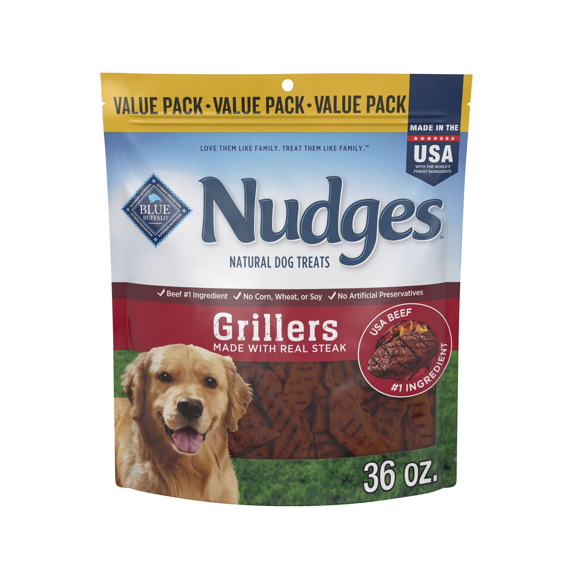 Blue Buffalo Nudges Grillers Natural Dog Treats with Real USA Beef, Made in the USA, Steak, 36-oz Bag