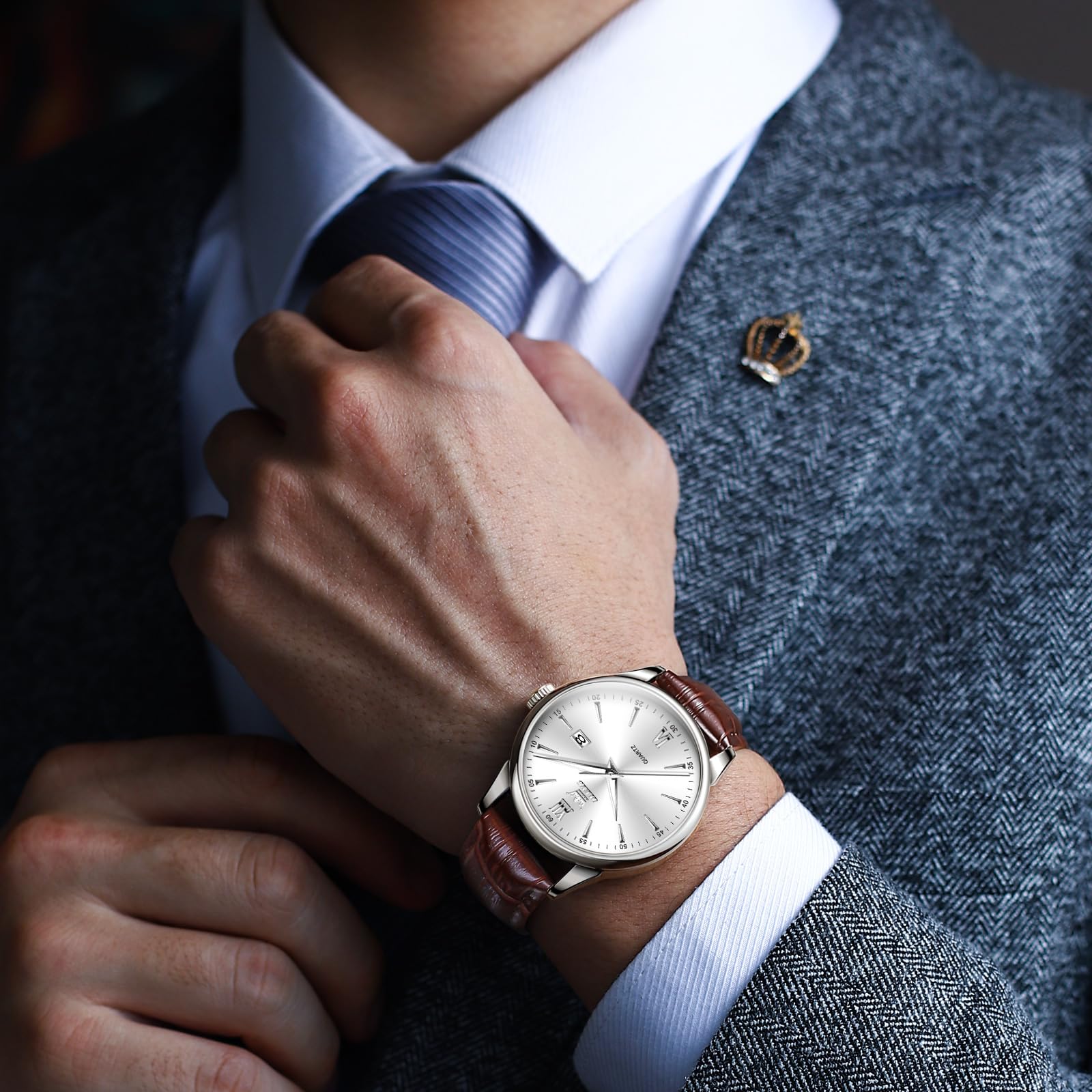 OLEVS Brown Leather Watches for Men Classic Big Face Brown Men's Watches Waterproof with Day Date Large Men White Dial Simple Quartz Casual Wrist Watch Reloj para Hombres