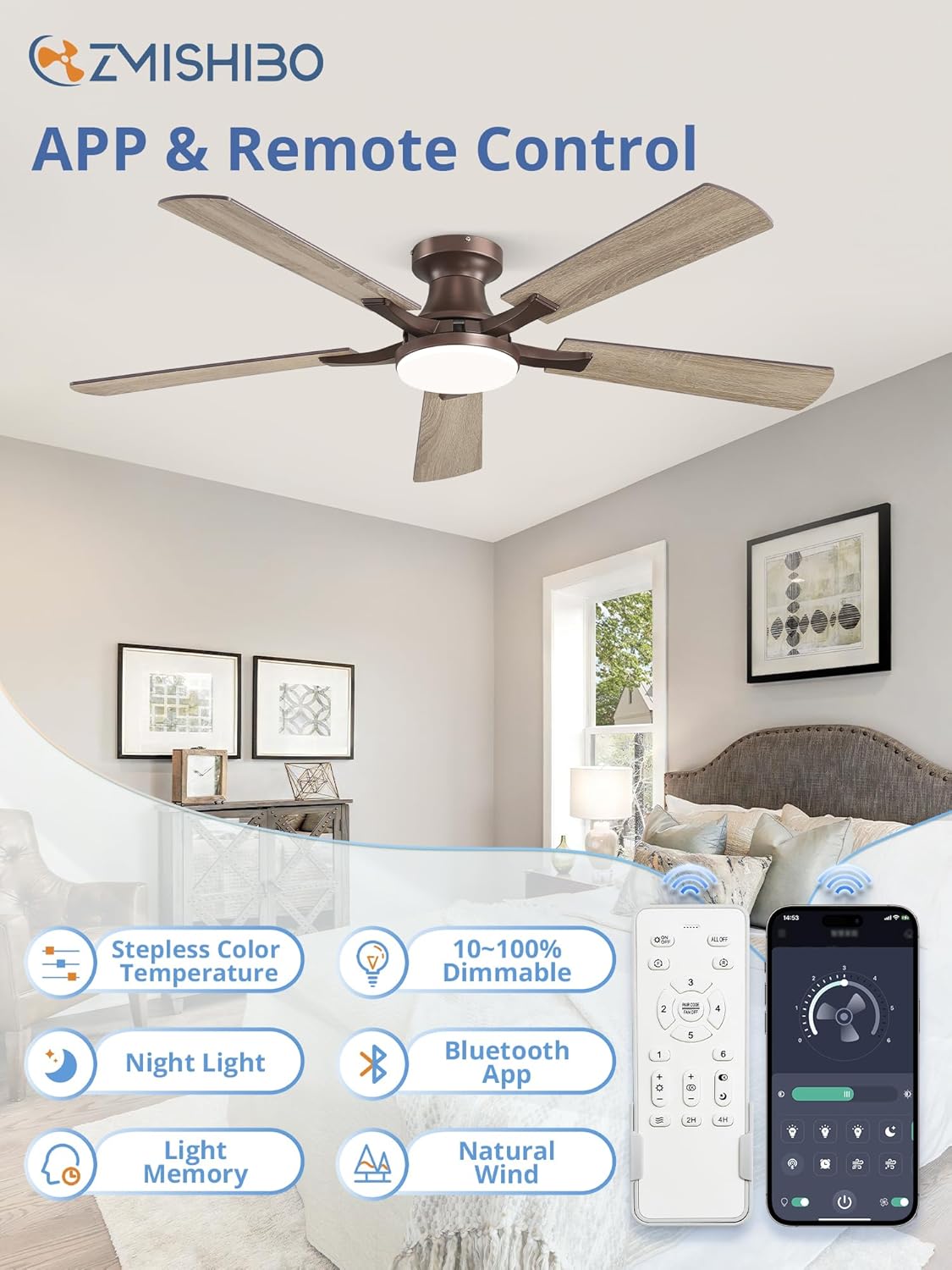 ZMISHIBO 52 Inch Ceiling Fan with Light, App&Remote Control, Flush Mount Low Profile, Dimmable 20W LED Light, Quiet Reversible Motor for Bedroom, Living Room, Apartment, Brown 52 Inch Brown