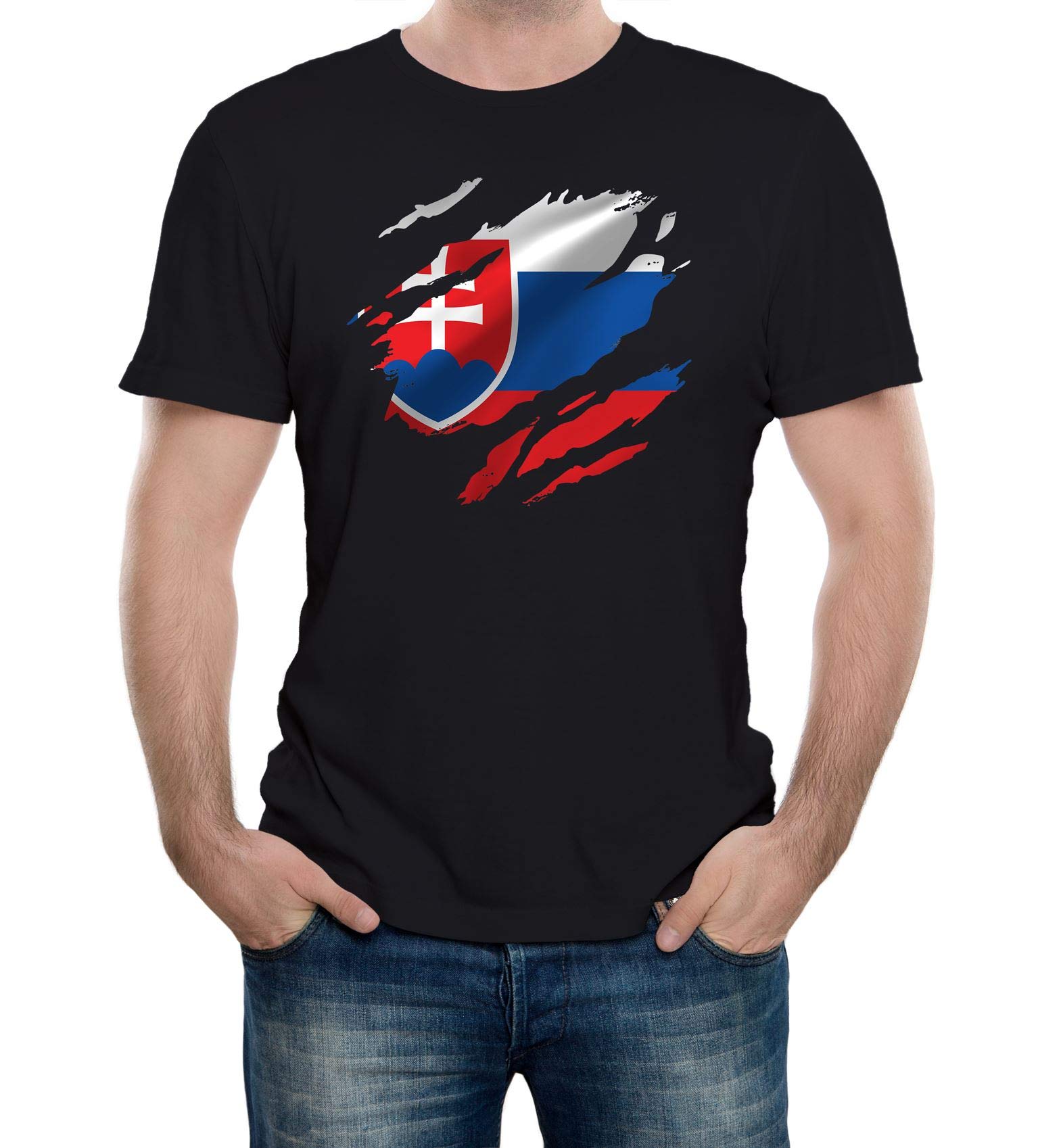 Reality Glitch Men's Black Torn Slovakia Flag T-Shirt