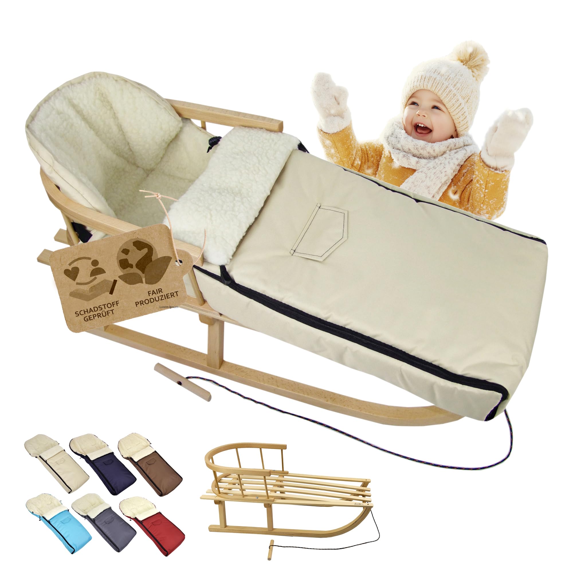 Kombi-Angebot Holz-Schlitten mit Rückenlehne & Zugseil + universaler Winterfußsack (108cm), auch geeignet für Babyschale, Kinderwagen, Buggy, aus Wolle Uni (beige)