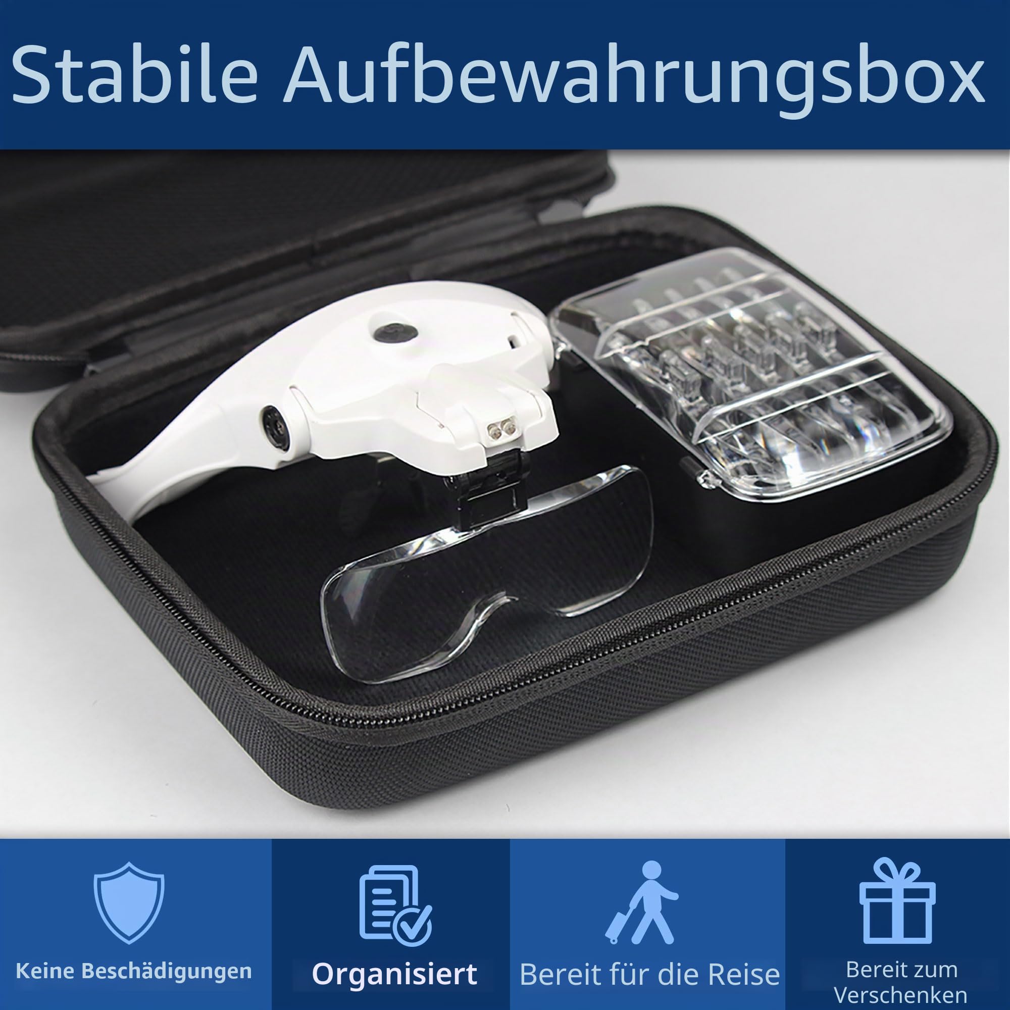 Vision Aid Lupen mit LED-Licht 5 Linsen Stirnband Schutzaufbewahrungsbox Brillenlupe Freihändige beleuchtete Kopflupe für Hobbyhandwerk Makuladegeneration Malerei Brillenträger Naharbeit