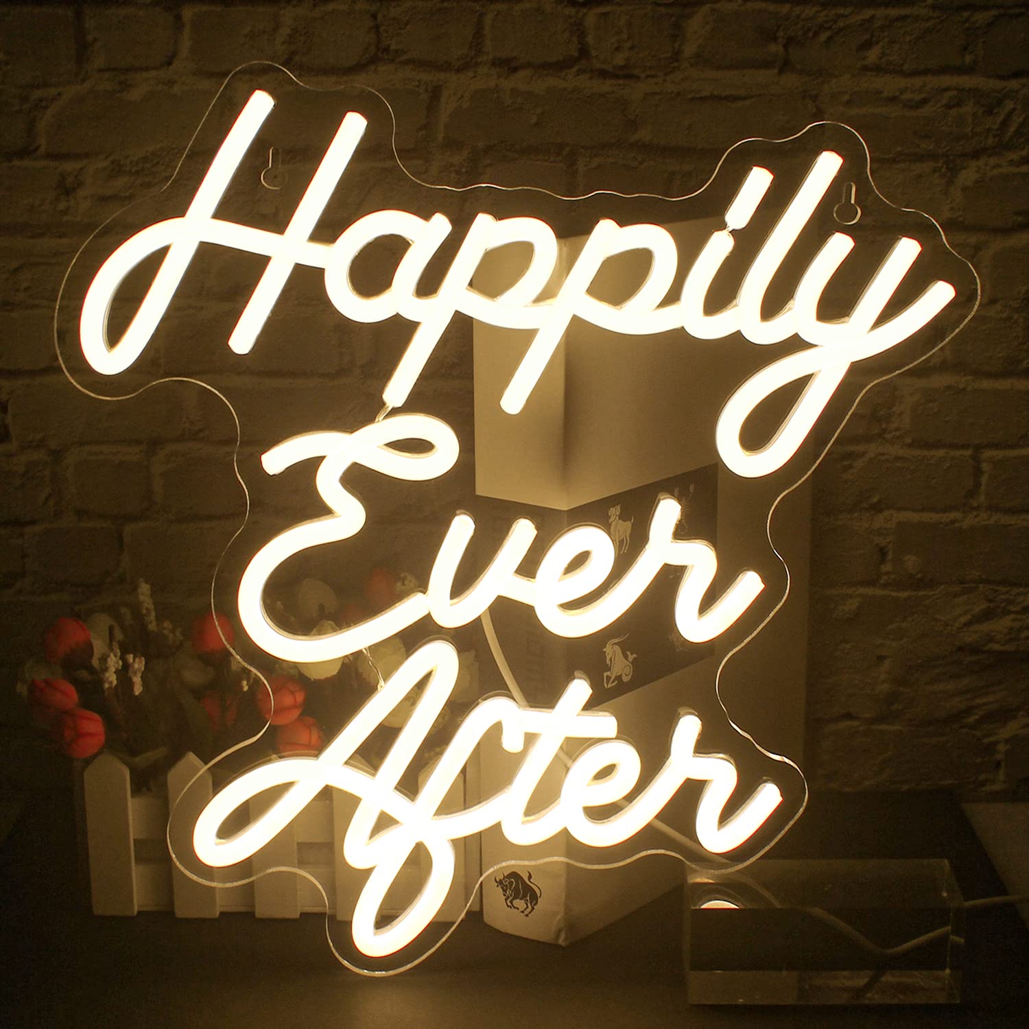 FAXFSIGN Happily Ever After Neon Sign Warm White Led Neon Light Signs for Wedding Bridal Shower Usb Neon Light Up Signs for Engagement Bachelorette Party Decorations Birthday Gifts