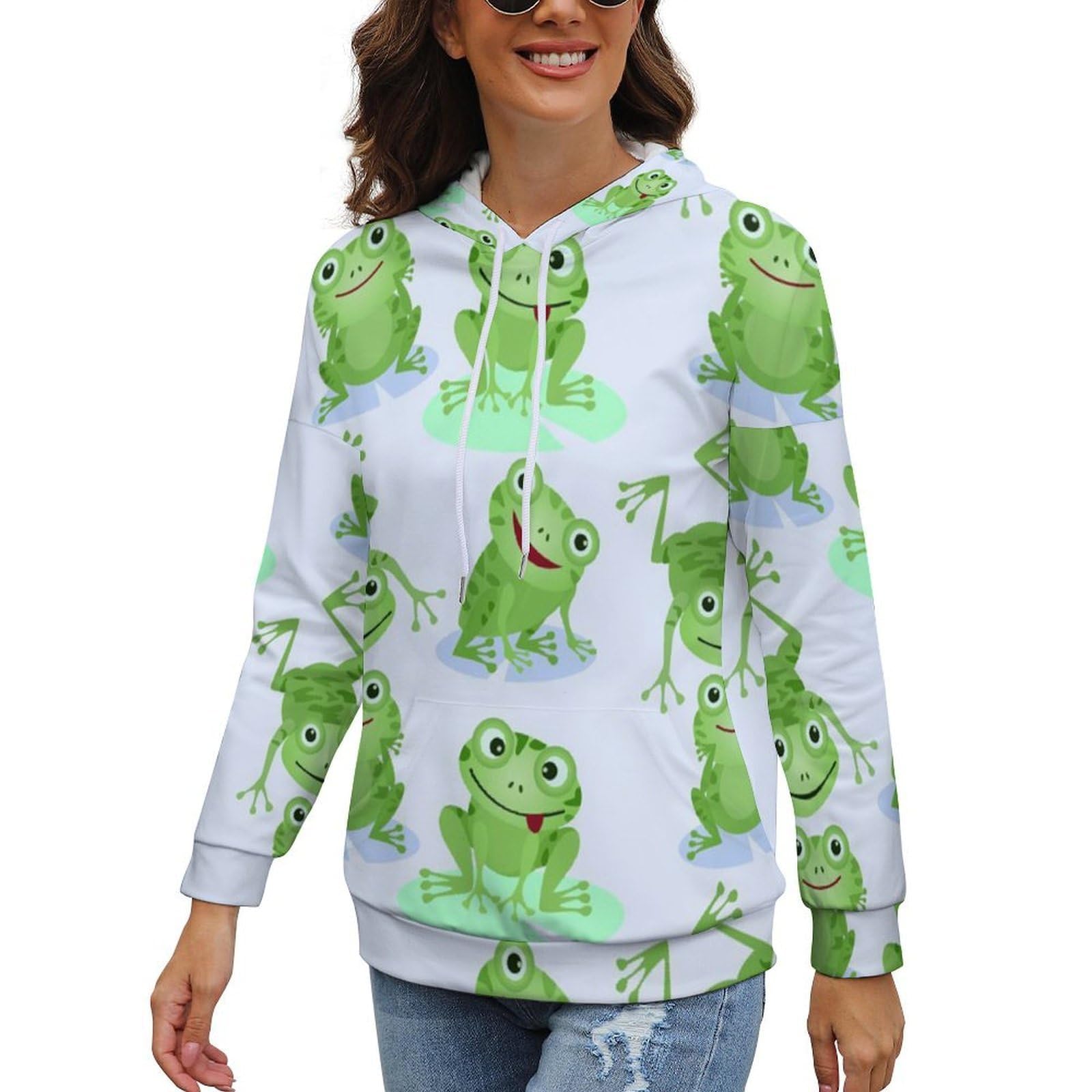 Jiupopular Women's Frogs Pattern Sweatshirt, Hoodie, Long Sleeve Pullover With Pockets