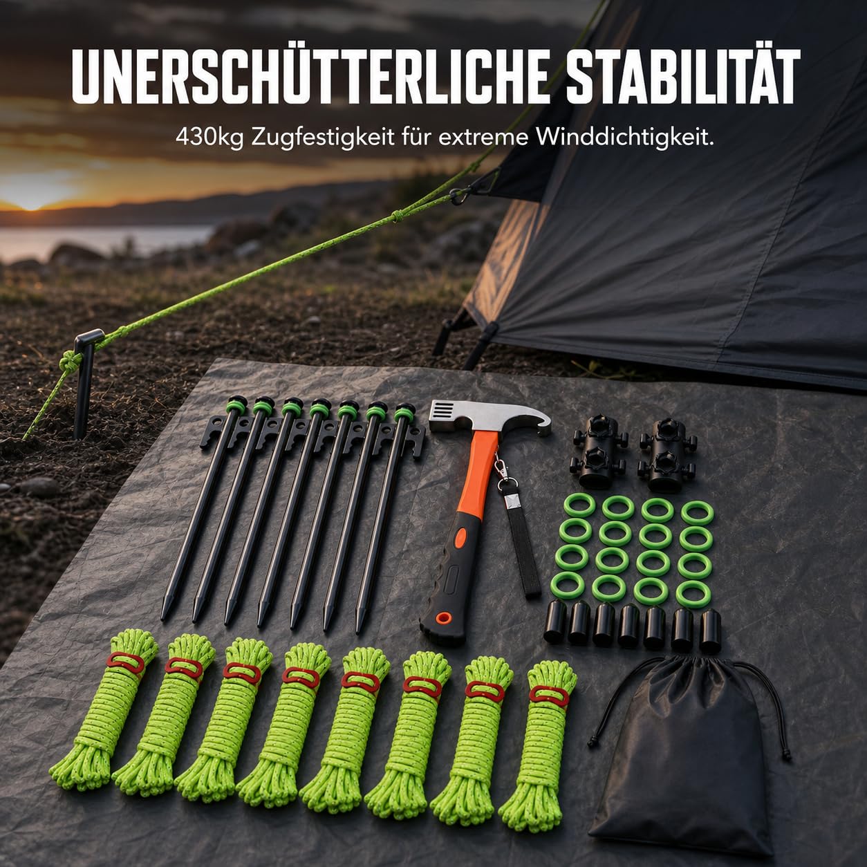 Zeltbefestigungsset sturmsicher für Camping, Zeltheringe Set & Abspannseile, für Zeltzubehör, Set mit 8X 20cm Heringen, 8X reflektierenden Seilen, orangefarbenem Hammer und Zubehör