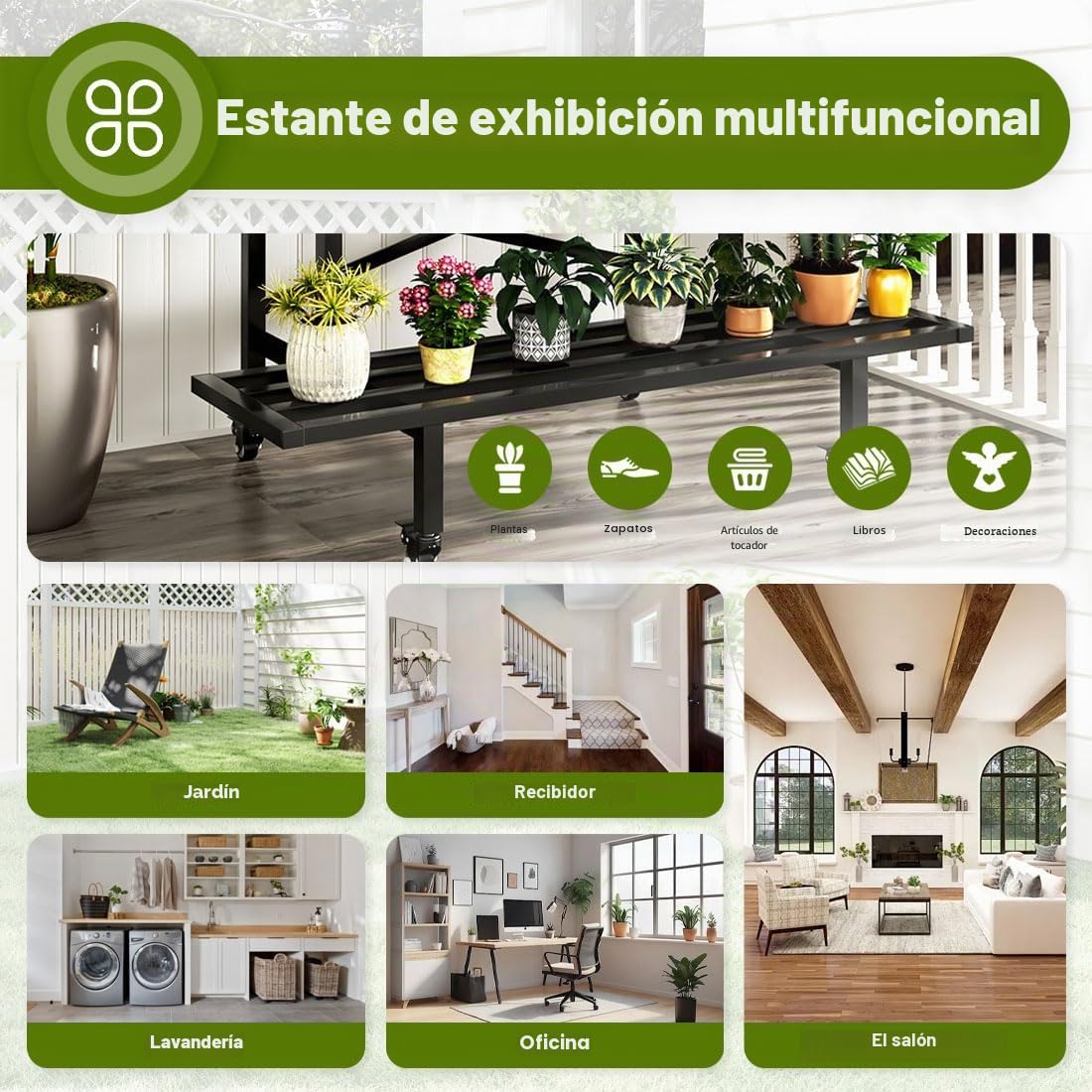 Estantería para flores con ruedas, de metal, 2 estantes, color negro, para plantas de interior y exterior, balcón
