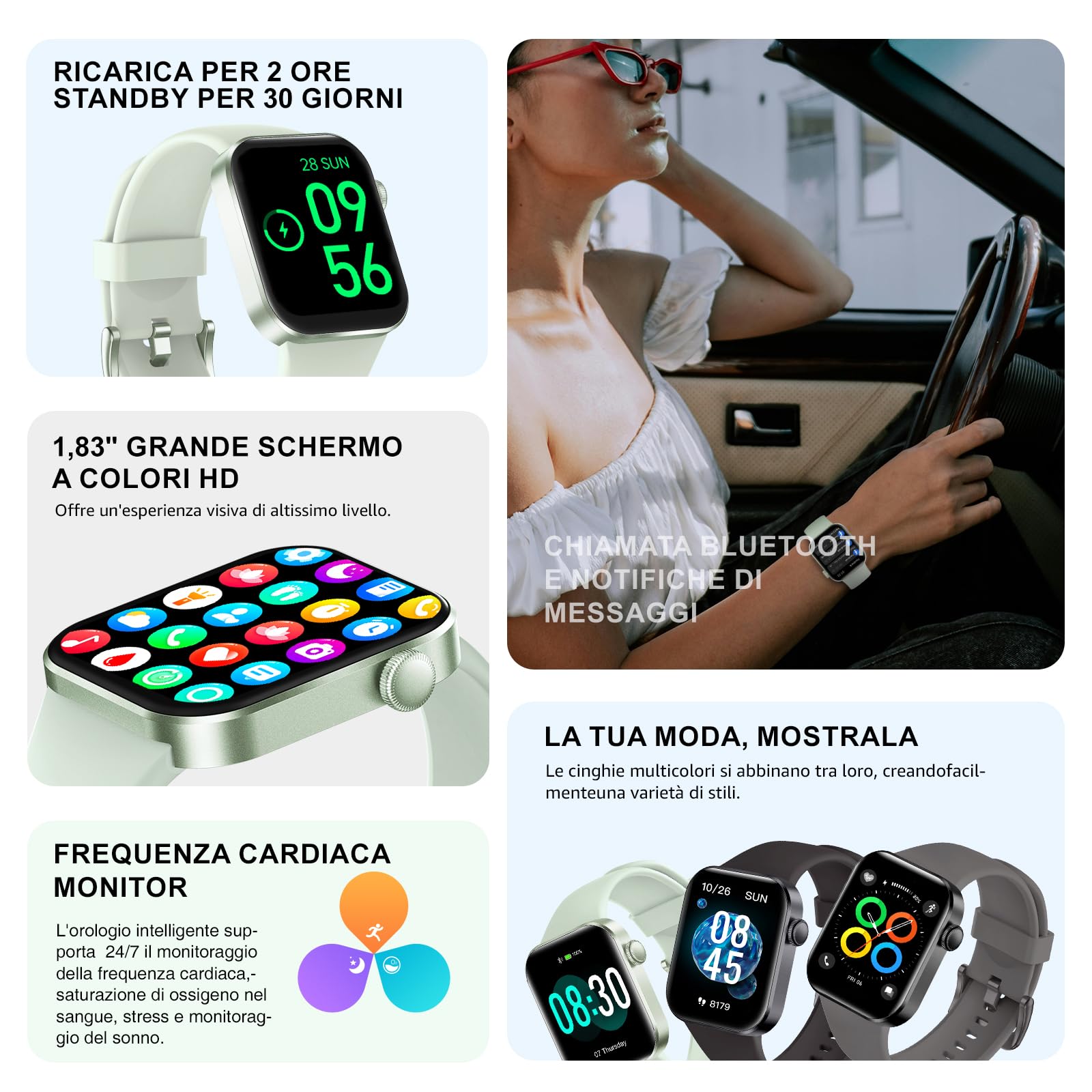 Smartwatch Uomo Donna, 1.85" Orologio Smartwatch con Effettua/Risposta Chiamate, 140 Sportive Smart Watch con Contapassi/Sonno/Cardiofrequenzimetro/SpO2, Impermeabil IP68 Smartband per Android iOS