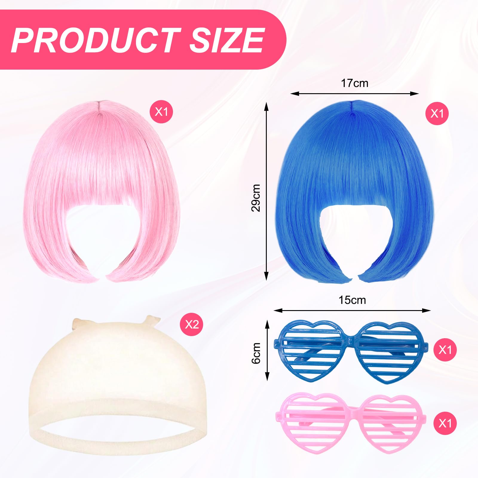 GMHLLES 2 Pcs Bob Wigs for Women Set Pink Wig, Blue Wig with 2 Hair Nets and 2 Heart Glasses for Role-Playing Parties - Image 2