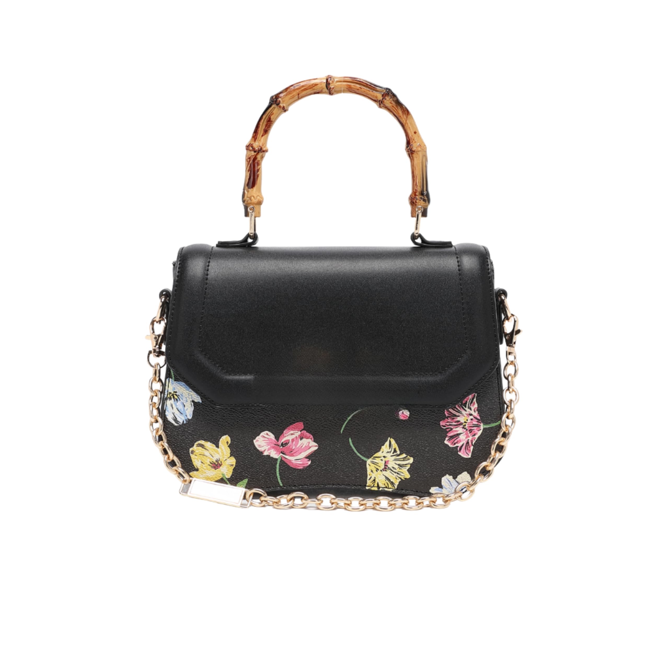 Women's Floral Satchel Handbag with Bamboo Style Handle & Gold Chain Strap-image-12