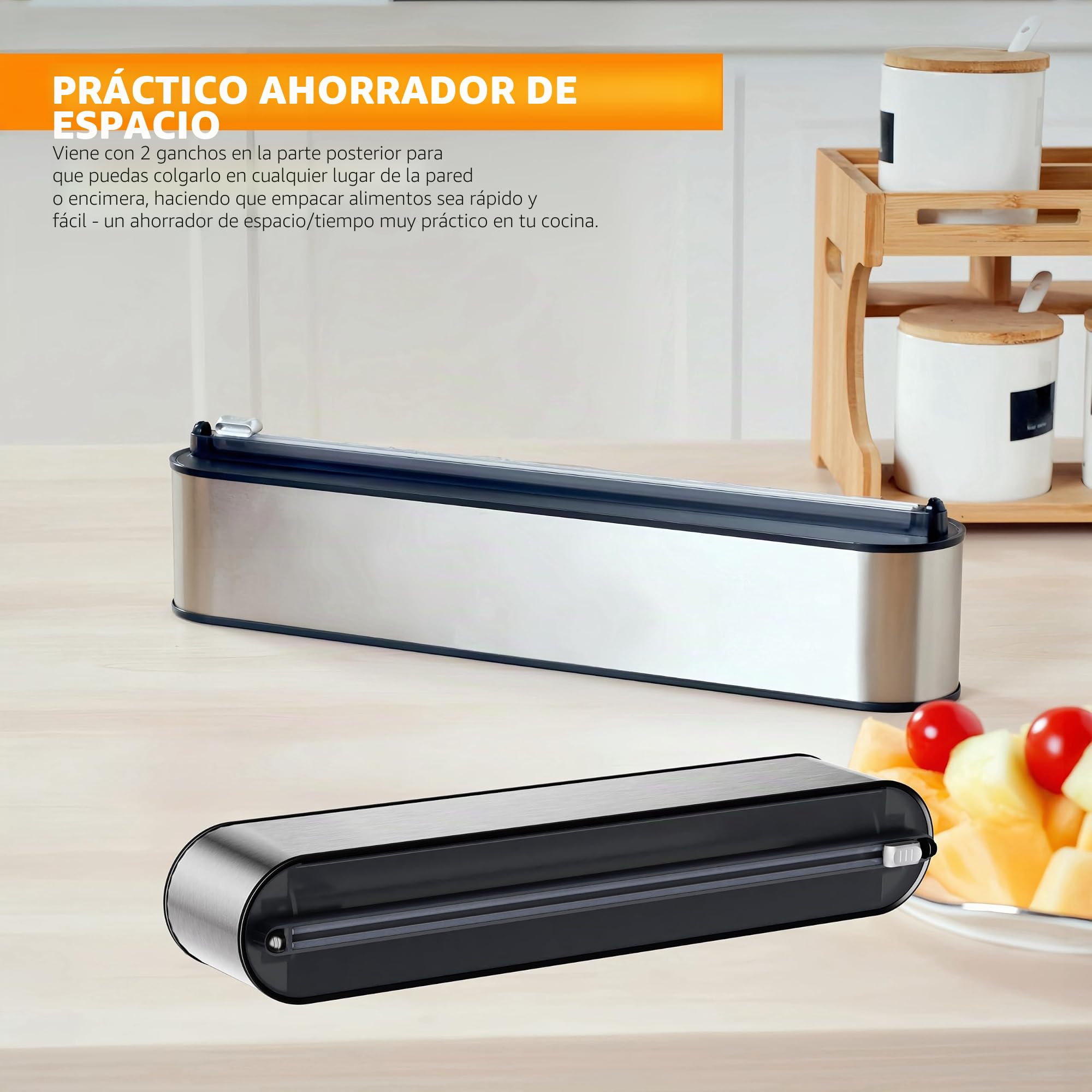 Dispensador Papel Aluminio y Film - Montaje Magnético & Pared sin Taladrar, Cortador Film Transparente, Corte Preciso, Organizador Cocina Profesional - 2 rollos de 100 m, Acero Inox Plata