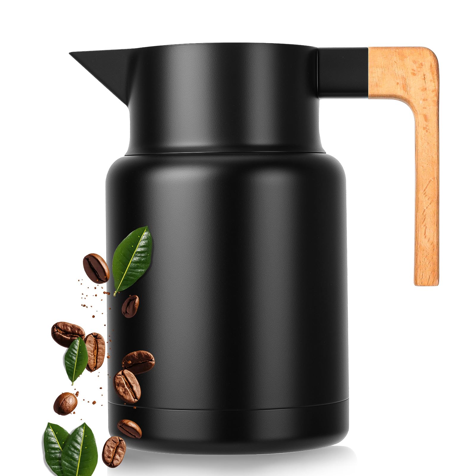 VINATO Thermos Café en Acier Inoxydable 304 - Pichet Isotherme Sans BPA avec Poignée Effet Bois, Étanche pour Café, Thé et Lait, Bouteille Isotherme 1,5L