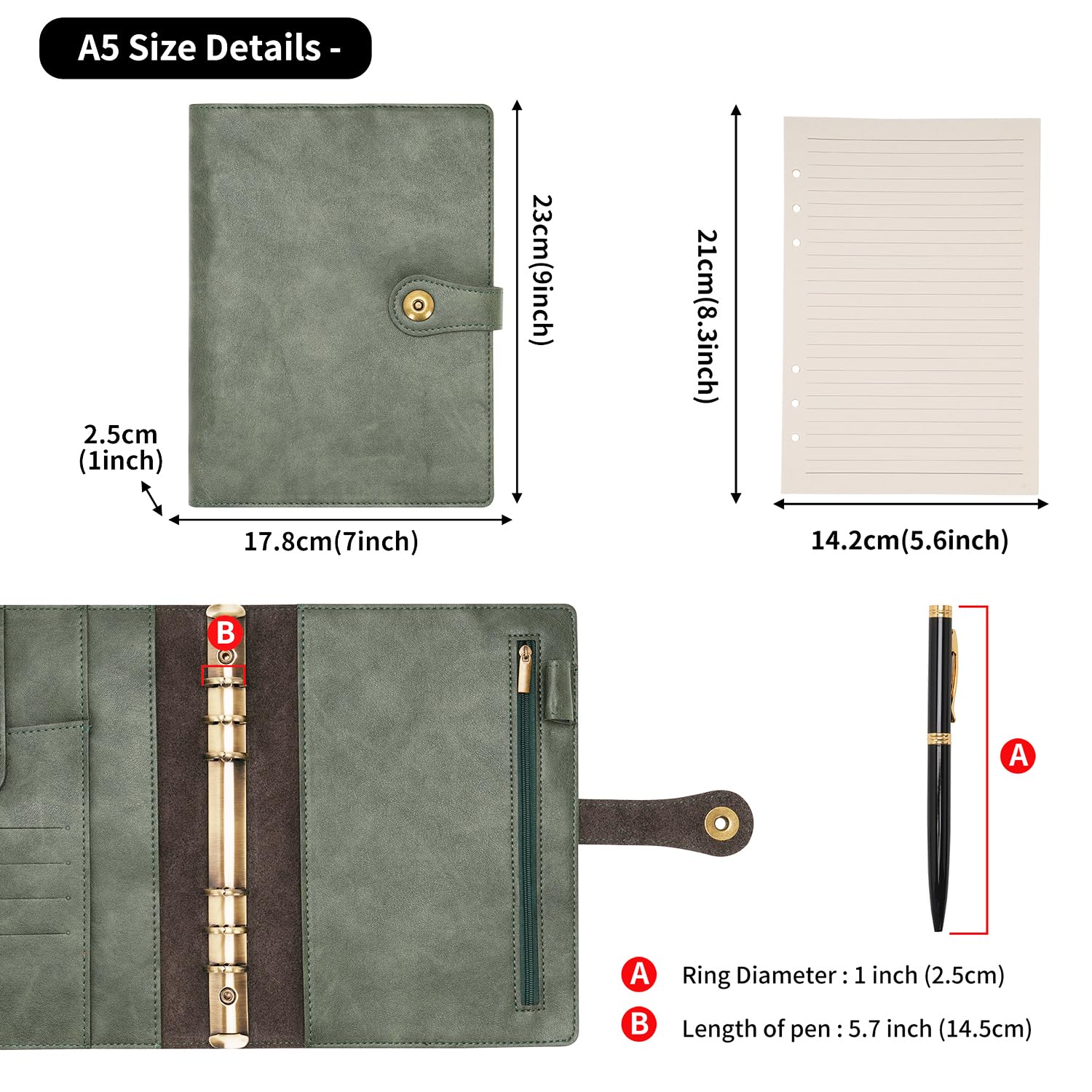 Wonderpool Ringbuch Notizbuch A5 Nachfüllbar Leder Tagebuch Organizer Binder Ordner mit Taschen Liniertes Papier Stift für Büro Schule Geschäft Reisen Planung Schreiben (Grün,A5)