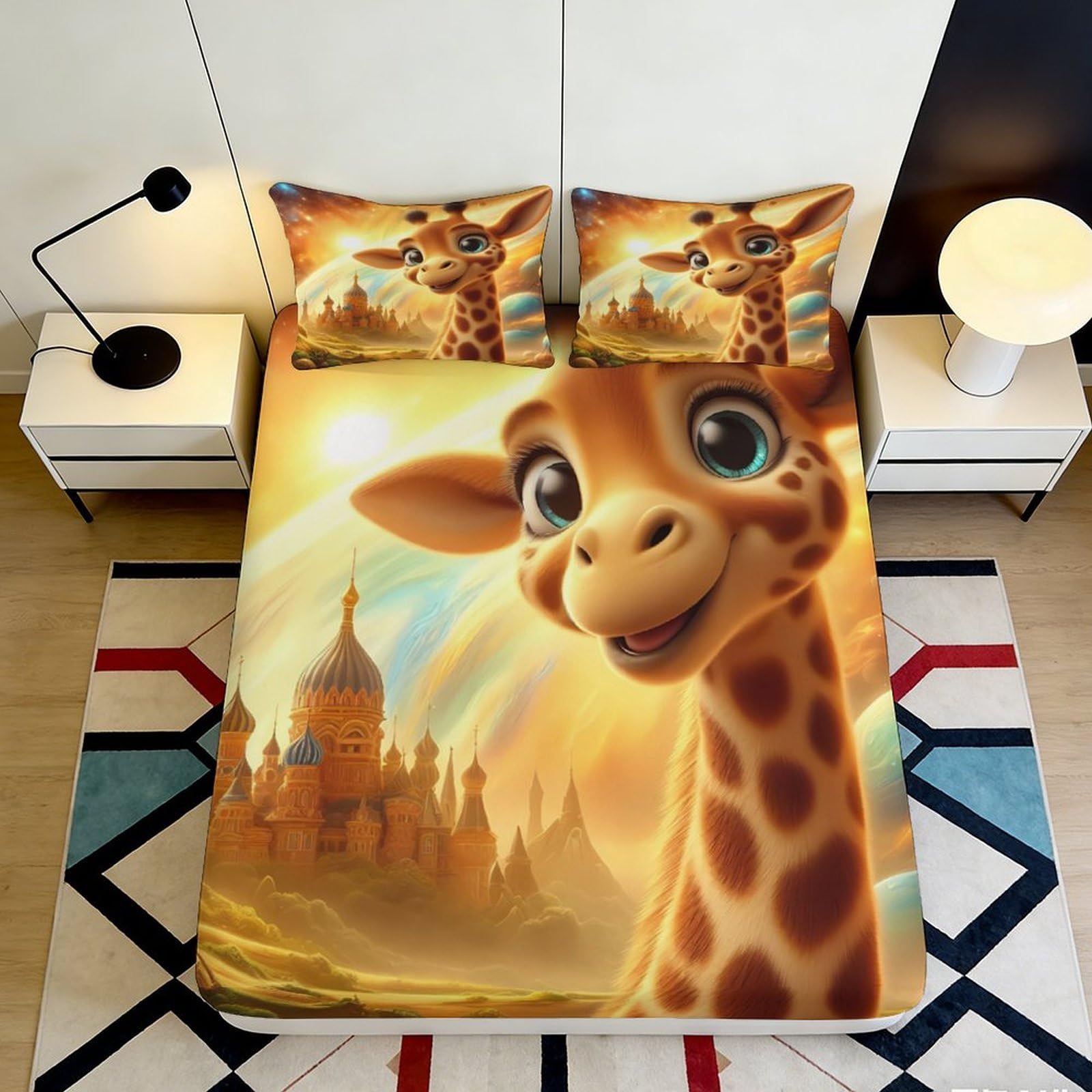 3D Printed Cartoon Giraffe Fitted Sheet Microfiber Soft Bed Cover for Bedroom Guest Room Dorm Mattress Protection Decor 90x200x25cm