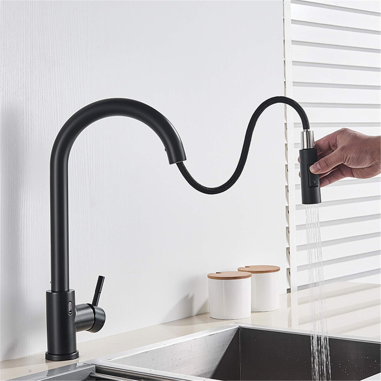 Robinet à capteur extractible Noir Mat avec mitigeur pivotant double sortie pour évier