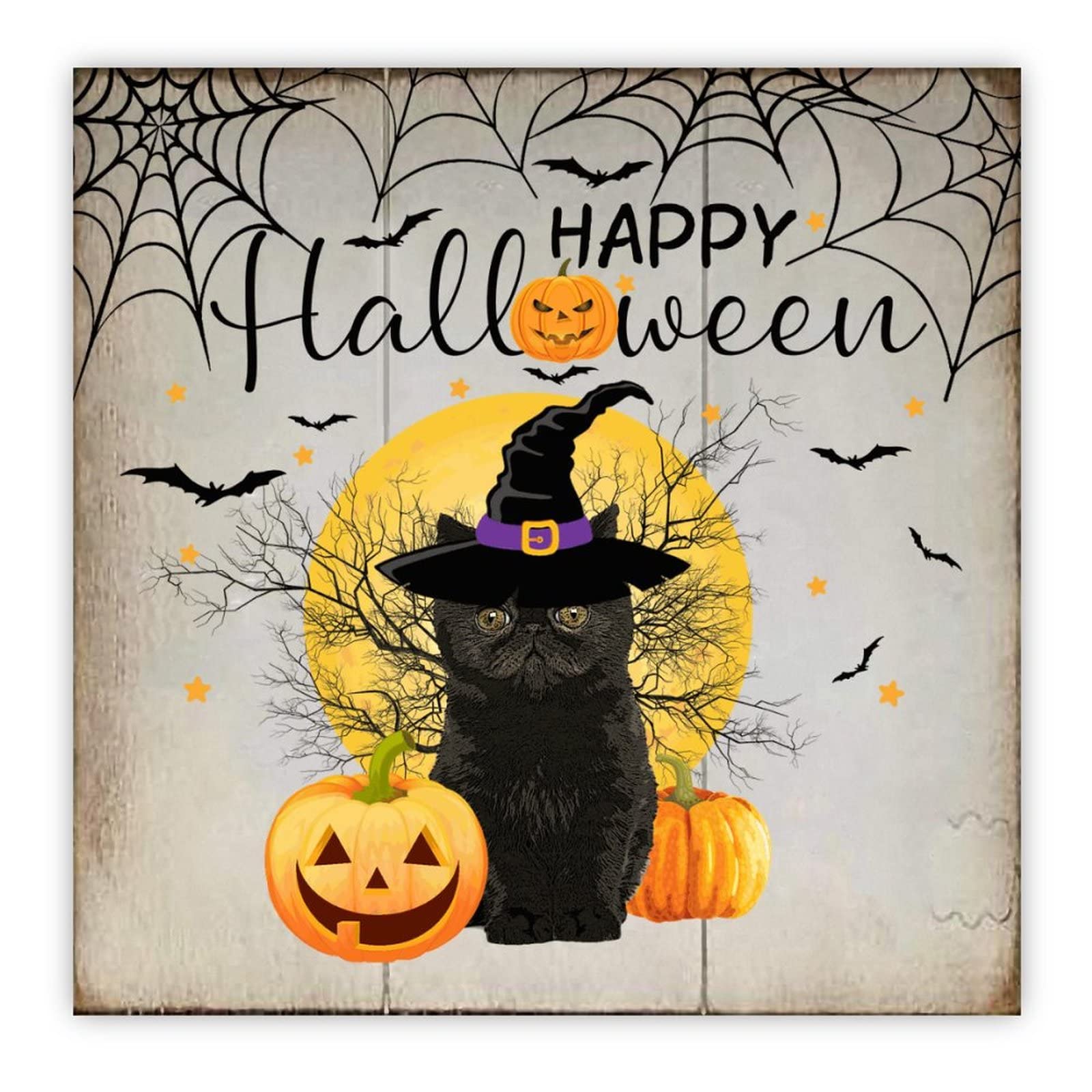 Décoration murale en bois Halloween citrouille fantôme et chat