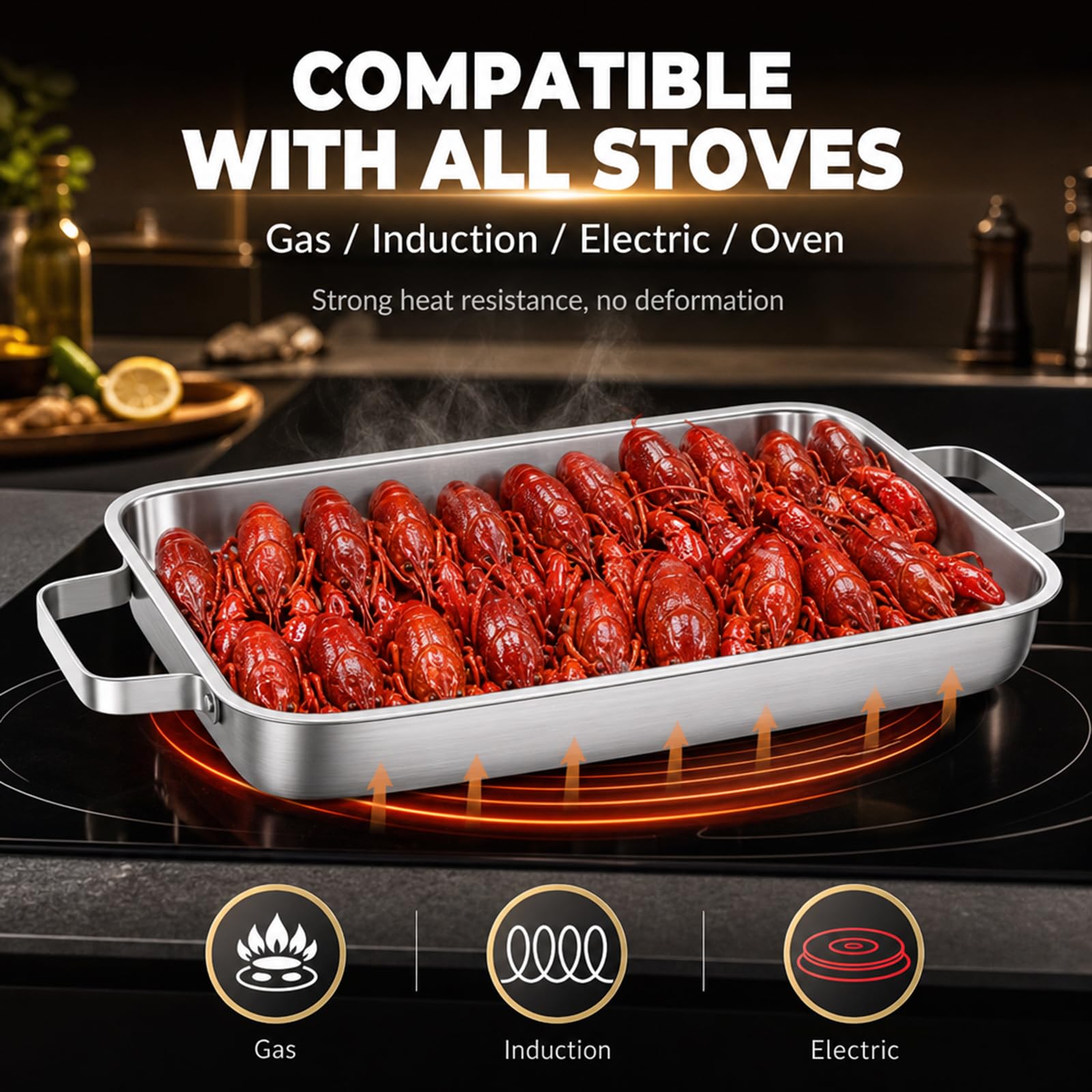 Paellera española de Acero Inoxidable, sartén Rectangular para mariscos con Asas Dobles, Ideal para cocinar Paella en casa, restaurantes o acampadas,Oro,42cm/16.5in