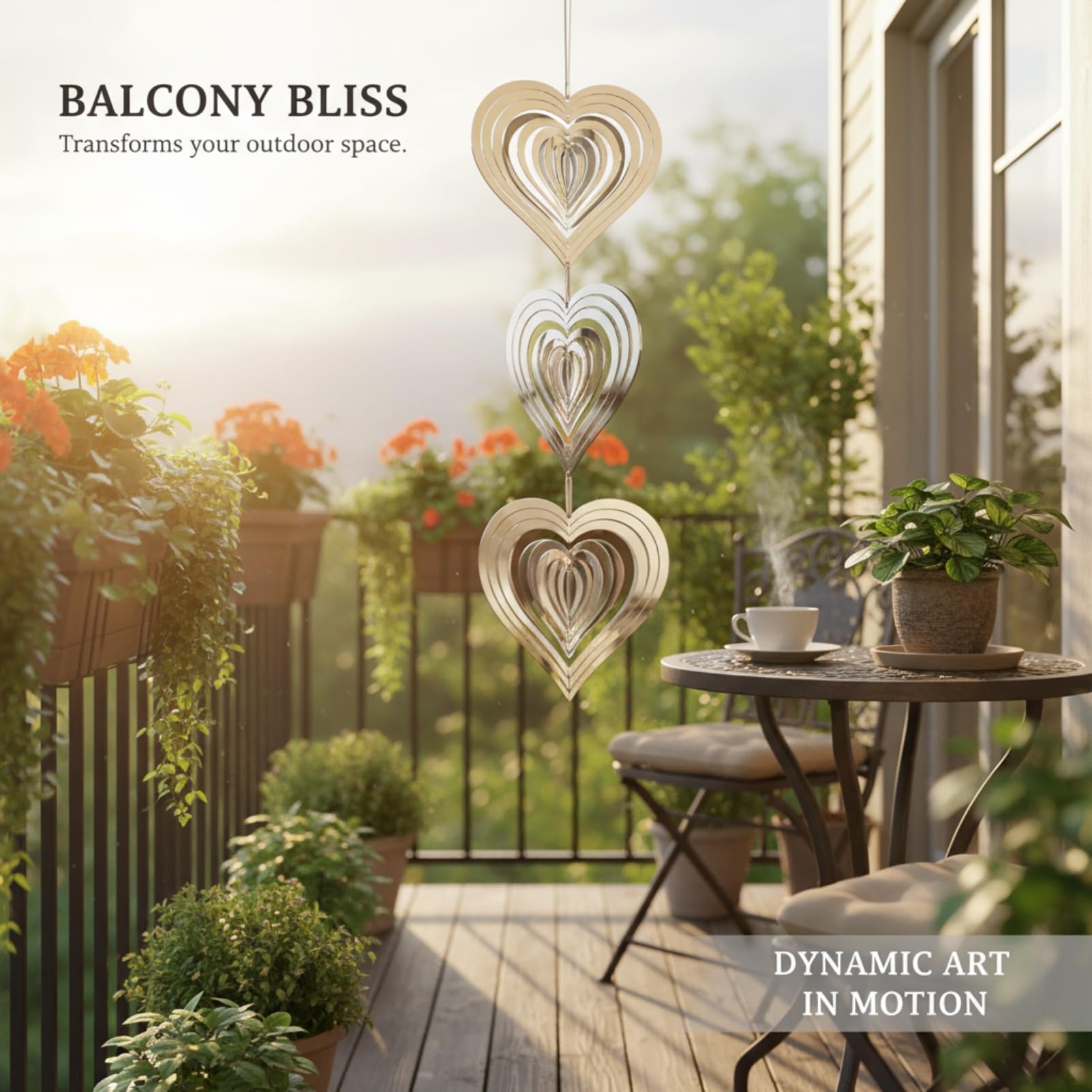 3D Stainless Steel Wind Spinner, Silver Reflective Heart Garden Ornaments Outdoor Indoor - Image 4
