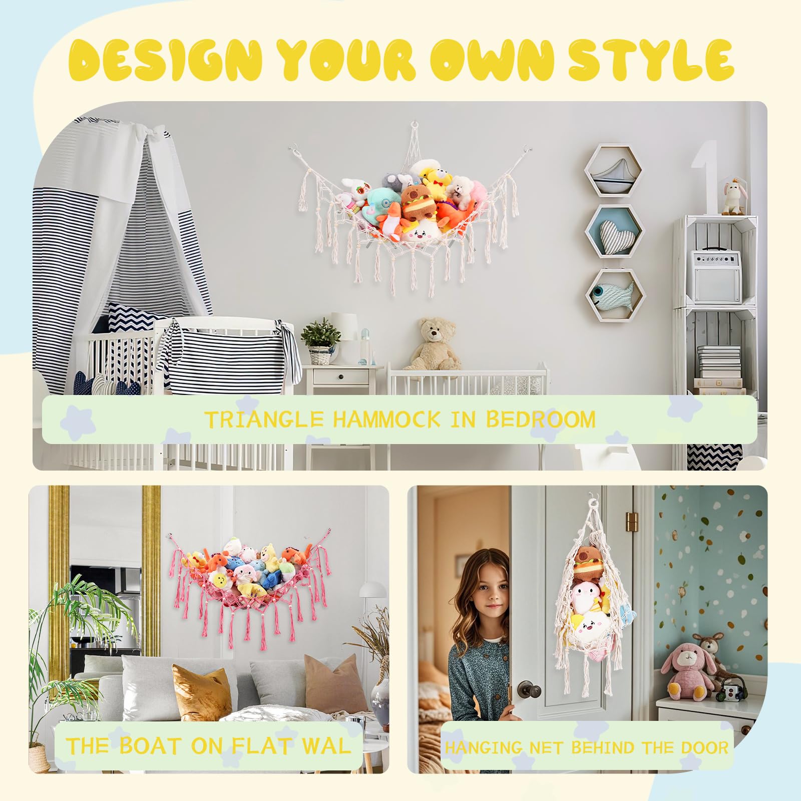 Hamac Rangement Peluches Filet d'Angle Lot 2 Filet Coton Épais Tissé Main Décoration Murale Chambre Enfants Rose