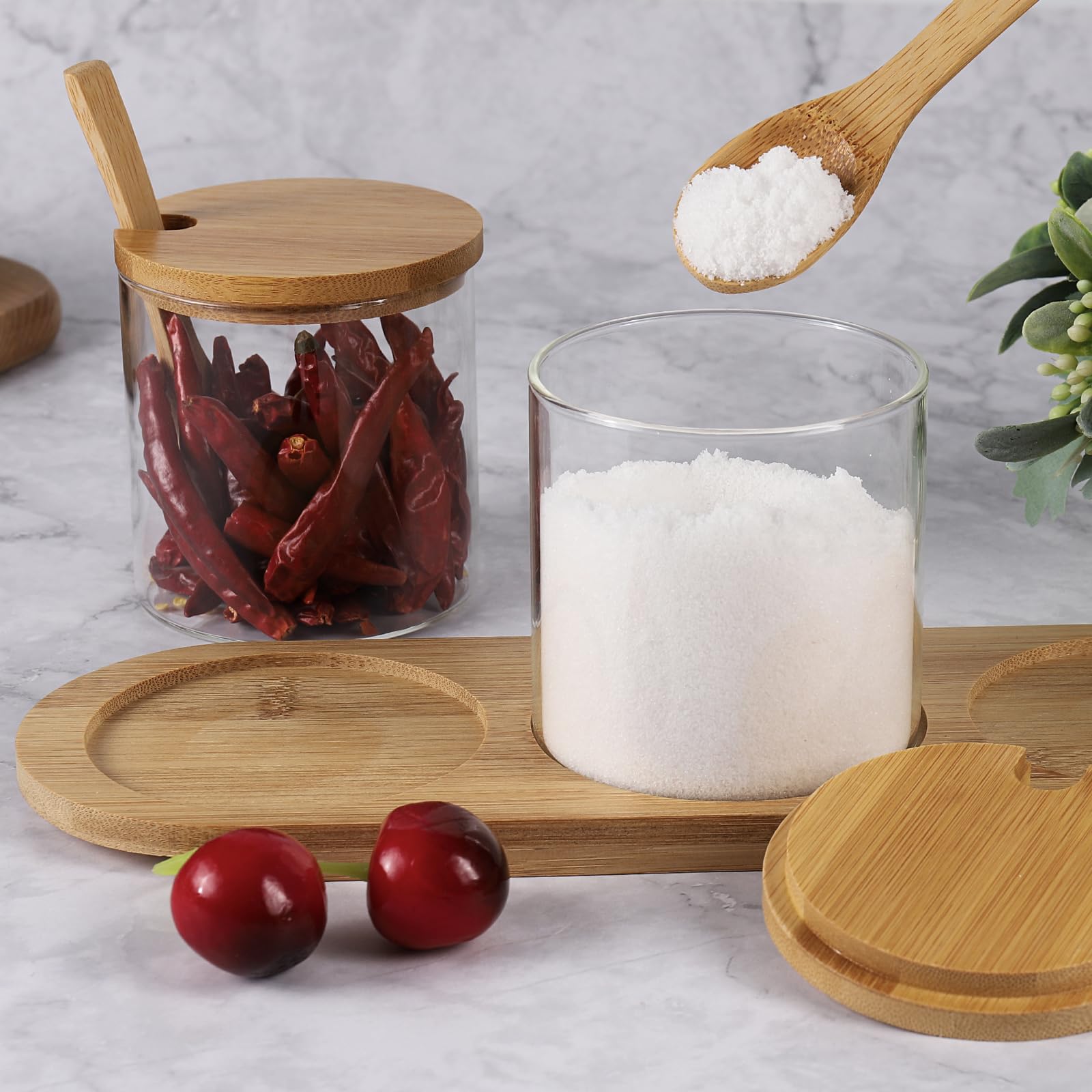 Czemo Set de 3 Bocaux en Verre 300ML pour Épices, Sucre, Sel - Couvercles et Cuillères en Bambou - Récipients à Épices