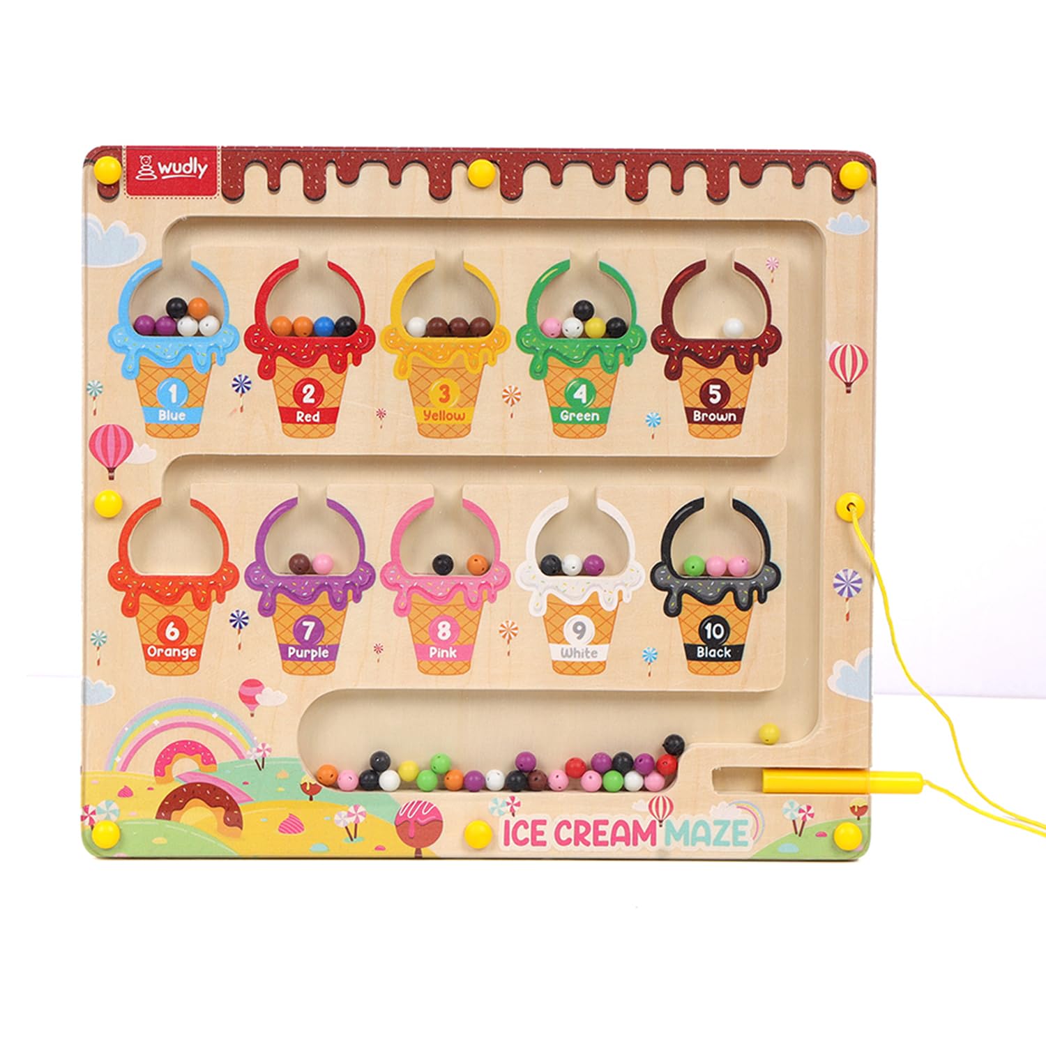 Wudly® Wooden Ice Cream Maze Magnetic Puzzle Board | Montessori Color Sorting & Counting Toy for Kids | Educational STEM Toy for 3+ Years | Fine Motor Skills & Hand-Eye Coordination Game