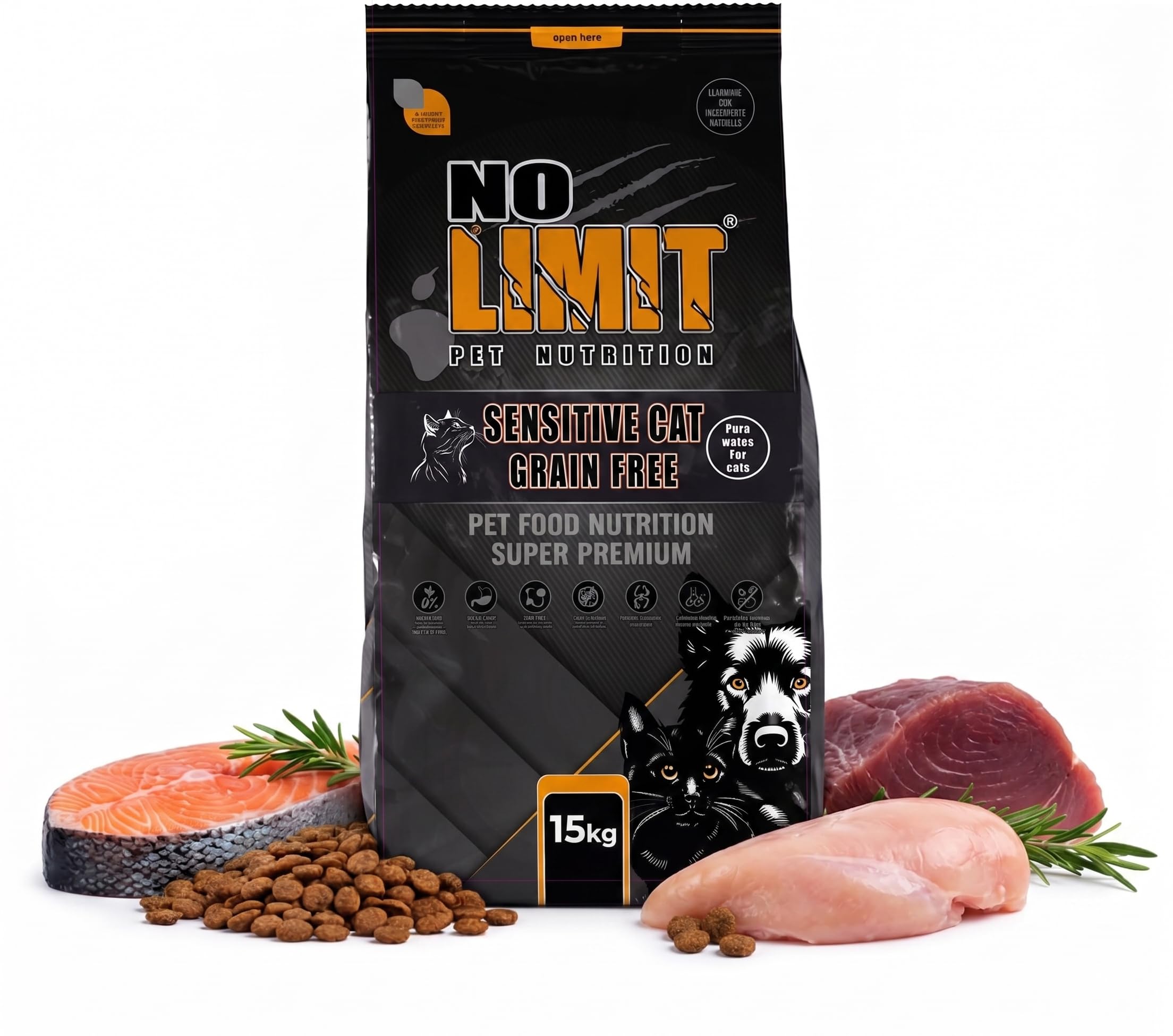 NO Limit Sensitive Cat Pienso Gato Sin Cereales – Salmón, Pollo y Atún Grain Free – Comida para Gatos con Digestión Sensible – Cat Food Premium con Omega 3, Probióticos y Soporte Articular - 15KG