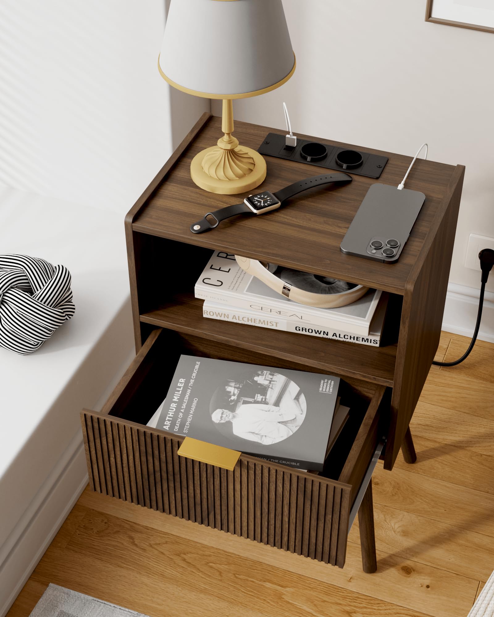 Nachttisch, Moderner Betttische mit Aufbewahrungsschublade und offener Holzablage, für Wohnzimmer, Schlafzimmer und kleine Räume, Akzent-Nachttisch mit Massivholzbeinen, einfache Montage (Nussbaum)