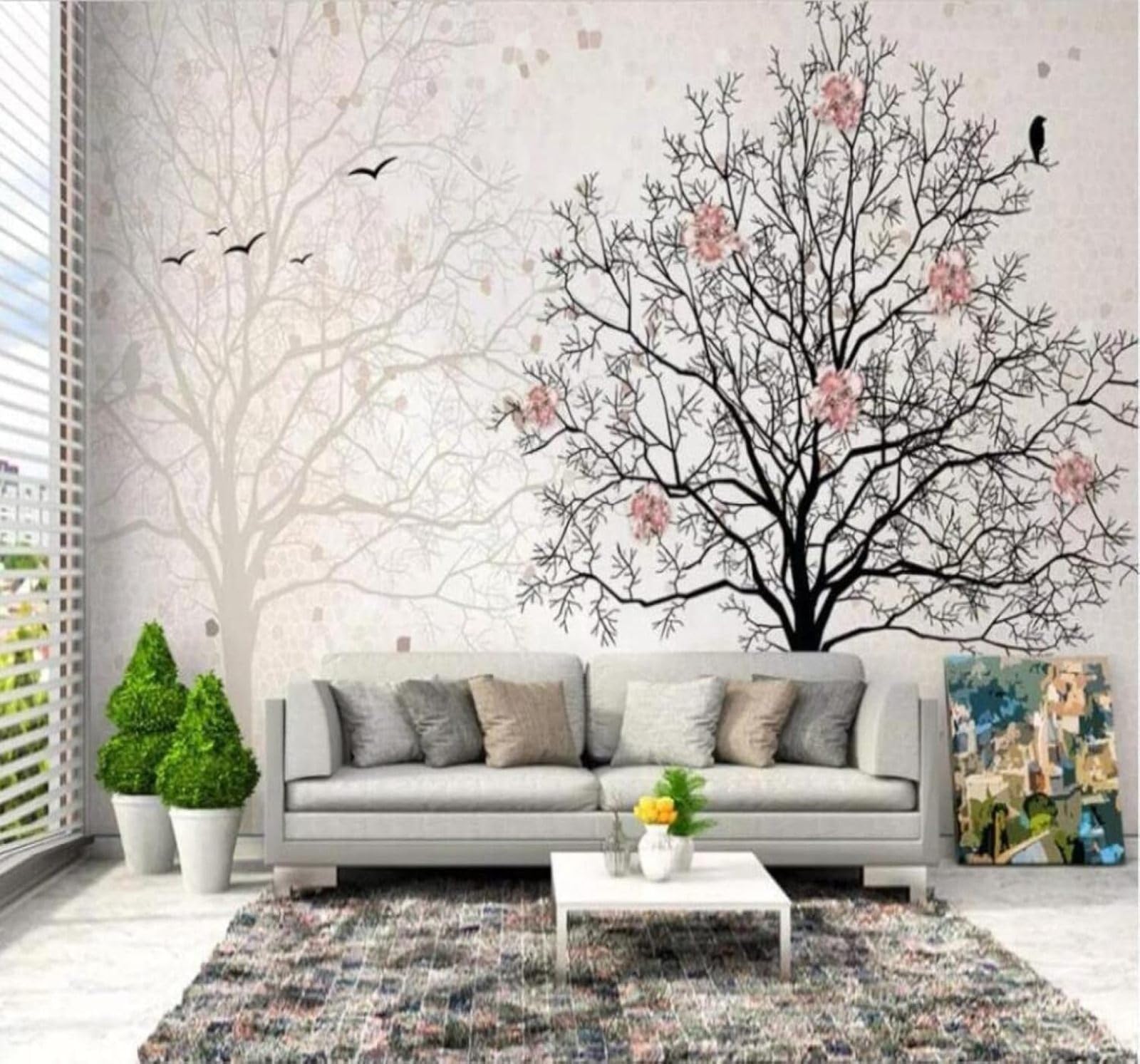XLMING Hand Drawn Flowers Large Trees Birds in Flight Landscape 3D Wallpaper Luxury Home Dining Decor Paste Sofa Living Room The Wall for Bedroom Mural-430cm×300cm