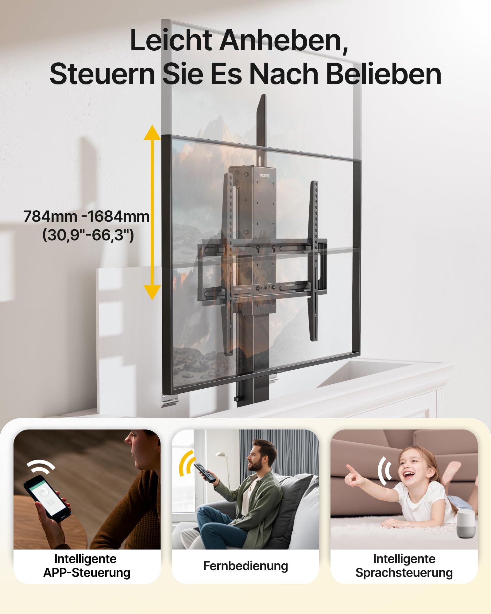 monTEK Elektrisch TV Lift zum Einbau für 37-65 Zoll bis 60kg, VESA 600x400 | mit Funkfernbedienung, Tuya-App+Voice Control, Motorisierter TV Lift mit Kollisionssensor, 90cm Hub, Decken-/Bodenmontage