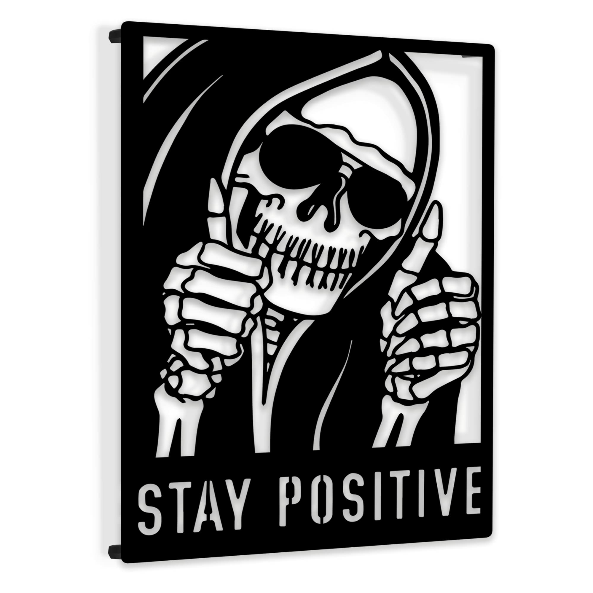 Dancenser Funny Stay Positive Sign, Metal Gothic Wall Decor, Hollow Skull Grunge Room Decor, Spooky Emo Goth Decor for Bedroom Aesthetic, Edgy Goth Gift, 10.2 X 14.2 inches, Black