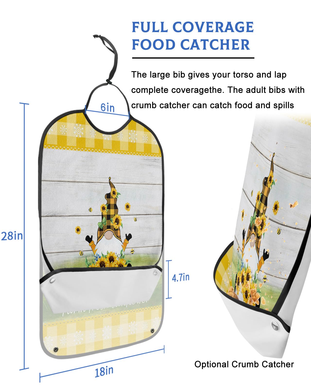 Sunflower Gnomes Adult Bibs for Eating, Waterproof Bibs with Food Catcher & Adjustable Snap Closure, Yellow Plaid Farmhouse Summer Bee Washable Clothing Protectors Adult Bibs for Elderly Women/Men