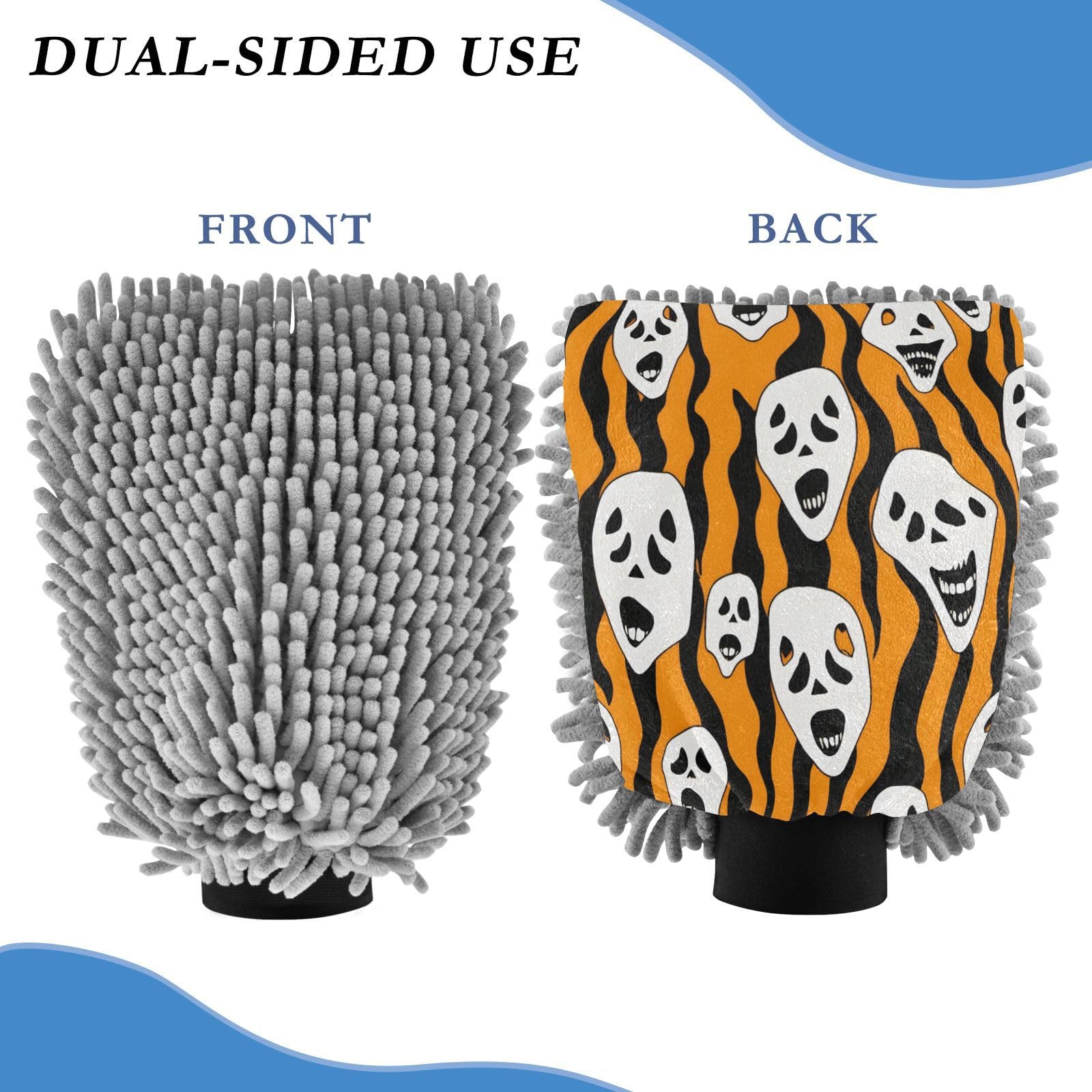 ALAZA Ghost Halloween Car Wash Mitt Scratch Free, 2 Pack Absorbent Microfiber/Chenille Washing & Drying Mitts, L