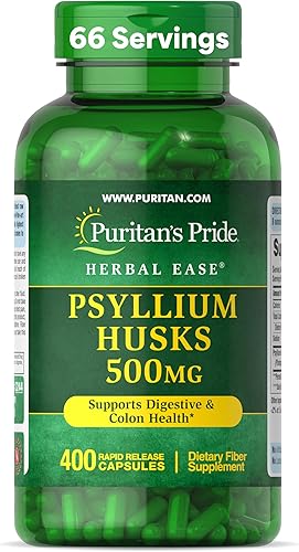 Puritan's Pride Herbal Ease - Cáscaras de psyllium de 500 mg, suplemento dietético para apoyo a la salud digestiva, colon y corazón, cápsulas