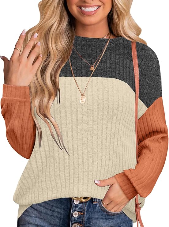 MixShe Womens Sweaters Color Block 2025 Fall Fashion Crewneck Tunic Tops S-XXL