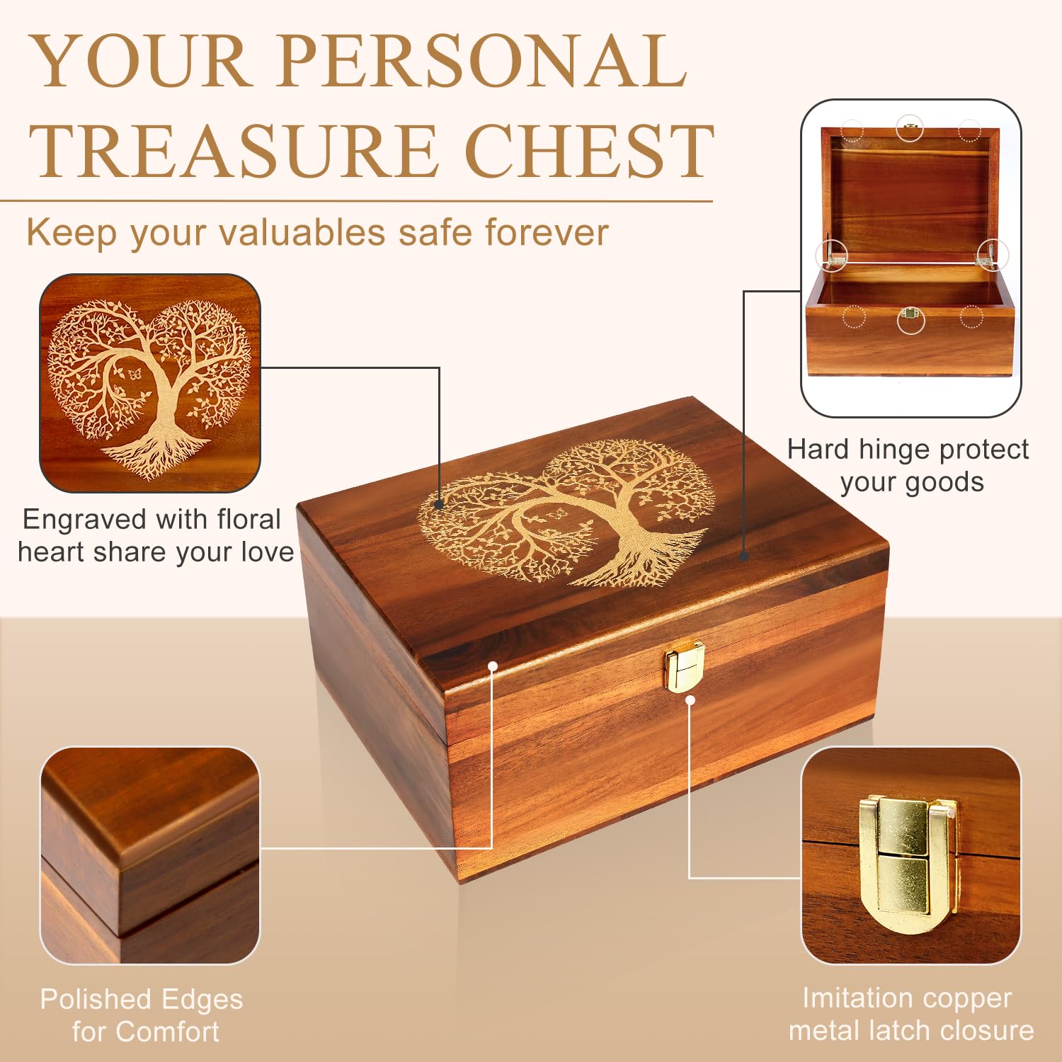 Große Aufbewahrungsbox aus Holz mit Scharnierdeckel und Fotorahmen, elegante Hochzeits-Erinnerungsbox, ideal für Fotos, Briefe, Zeitkapseln, Brautgeschenk, Liebe, dekorative Aufbewahrung
