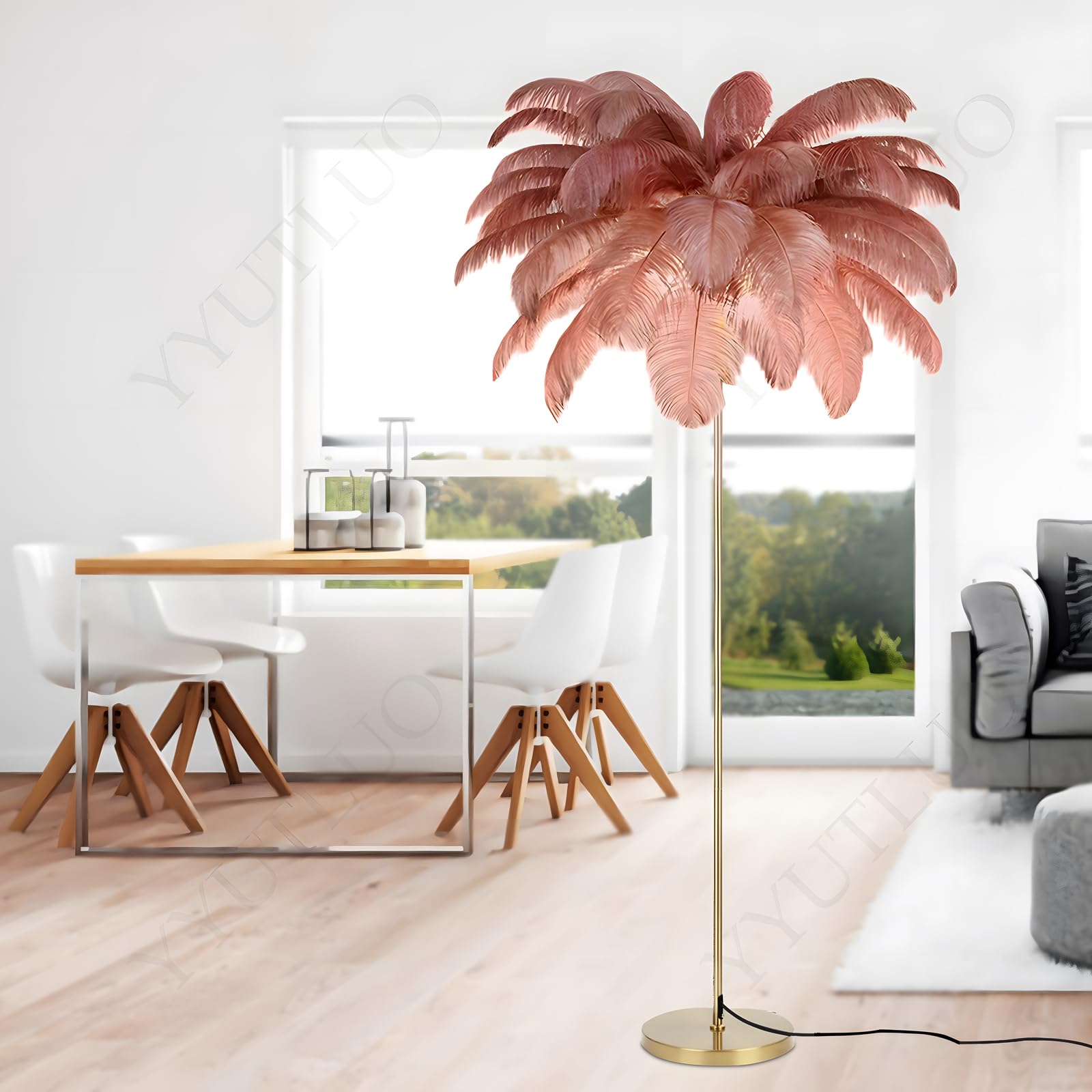 YYUTLUO Modern Feather Lamp, Natural Ostrich Feather Floor Lamp, 160cm Height, Gold Pole and Base Standing Light, 3 Color Temperatures G4 LED Bulbs, Living Room Children Bedroom (Bean Paste Color)