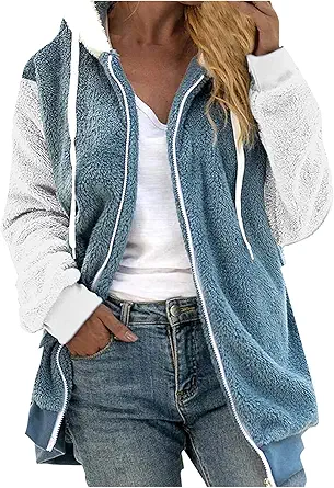 Fuzzy Fleece Jackets for Women Plus Size Hoodies Fall Winter Coats Color Block Patchwork Cardigan Coat with Pockets