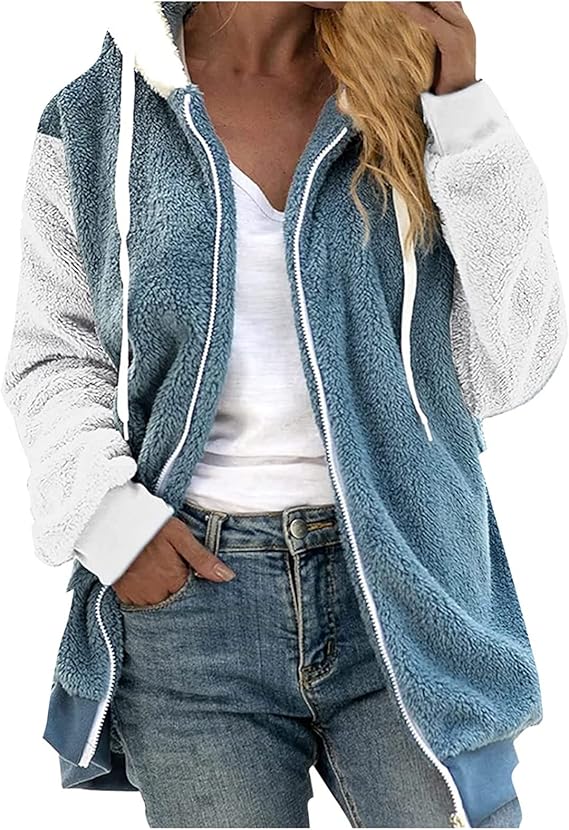 Fuzzy Fleece Jackets for Women Plus Size Hoodies Fall Winter Coats Color Block Patchwork Cardigan Coat with Pockets